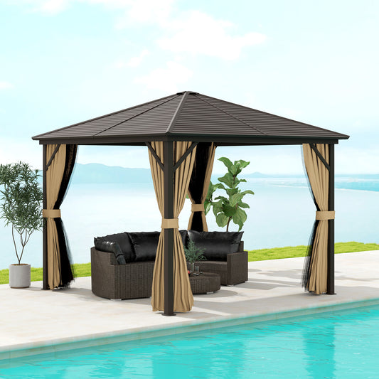 Outsunny 3 By 3 Meter Metal Hardtop Gazebo With Curtains And Accessories Weather Resistant Brown