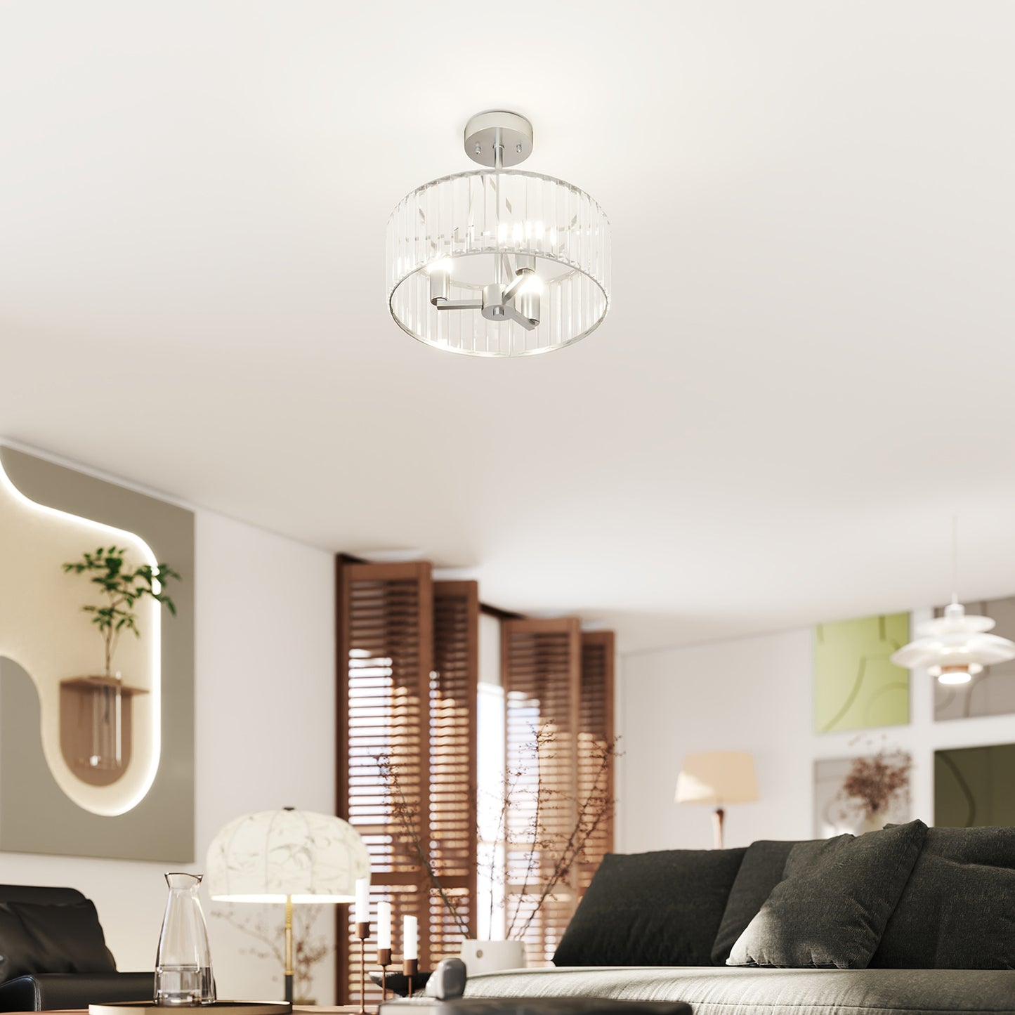 Homcom Crystal Ceiling Light Fixture Semi Flush Mount Modern Chandelier 3 Lights E14 Base Silver Tone Bulbs Not Included