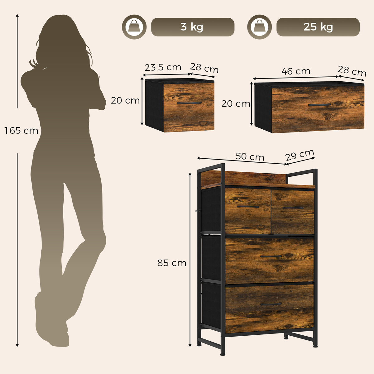 Rustic brown four-drawer storage dresser with black frame and overall size indicators