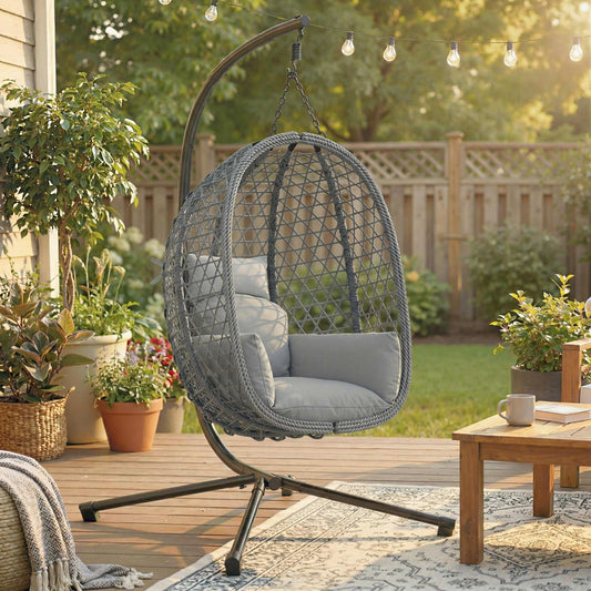 Outsunny Hanging Egg Chair Indoor Outdoor Rattan Hammock Swing Chair With Stand Safety Strap Foldable Basket Dark Grey