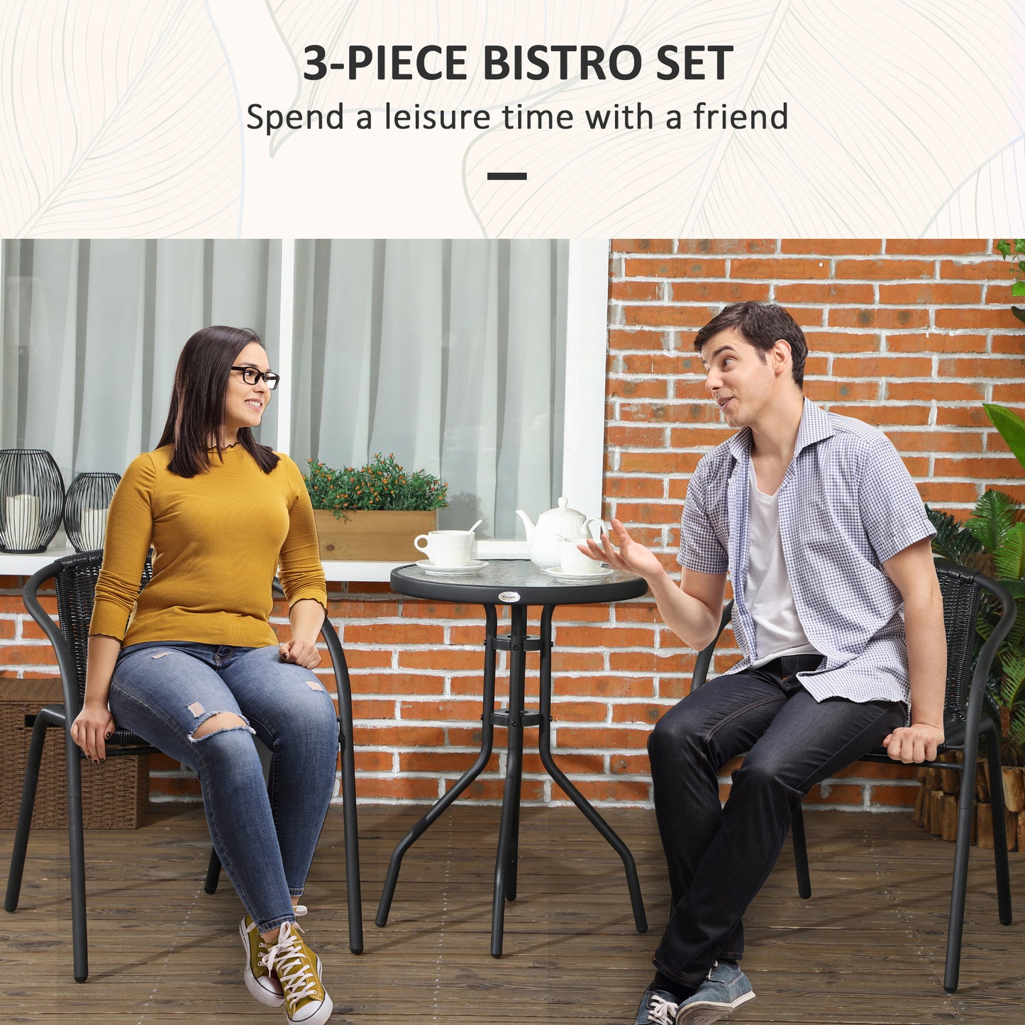 Outsunny 3 Piece Rattan Bistro Set Black With Two Chairs And Tempered Glass Table For Garden Outdoor Patio