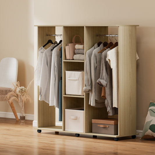 HOMCOM Open Wardrobe With Double Storage Shelves Mobile Organizer On Six Wheels Natural Finish