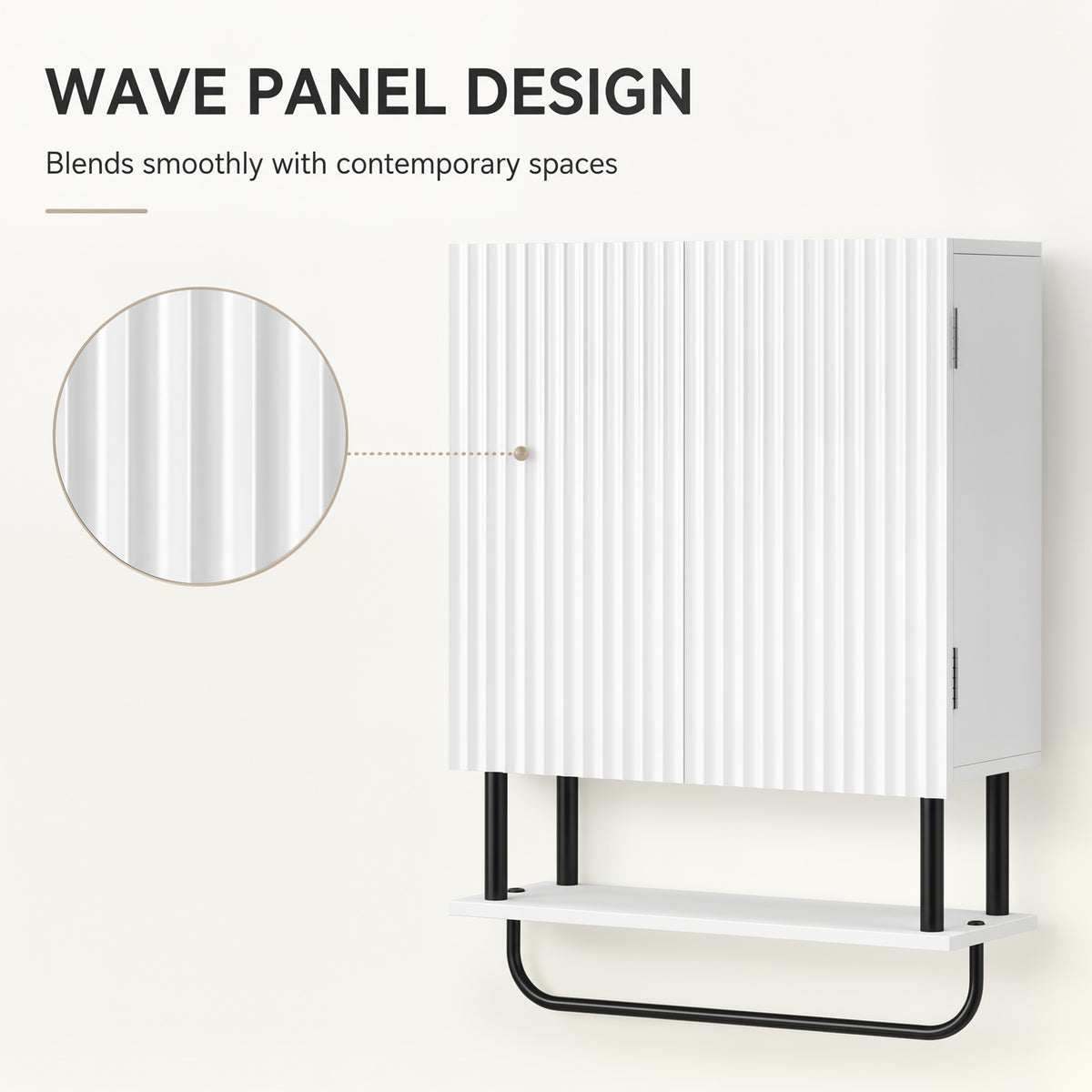 White wall cabinet with ribbed wave-panel door and black legs, open shelf and towel bar