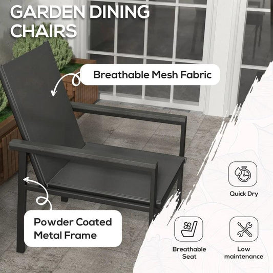 Outsunny 5-Piece Garden Dining Set - Glass Top Dining Table, Outdoor Umbrella Hole, 4 Armchairs with Breathable Mesh Seats, Wood-Plastic Composite Armrests, Grey - ALL4U RETAILER LTD