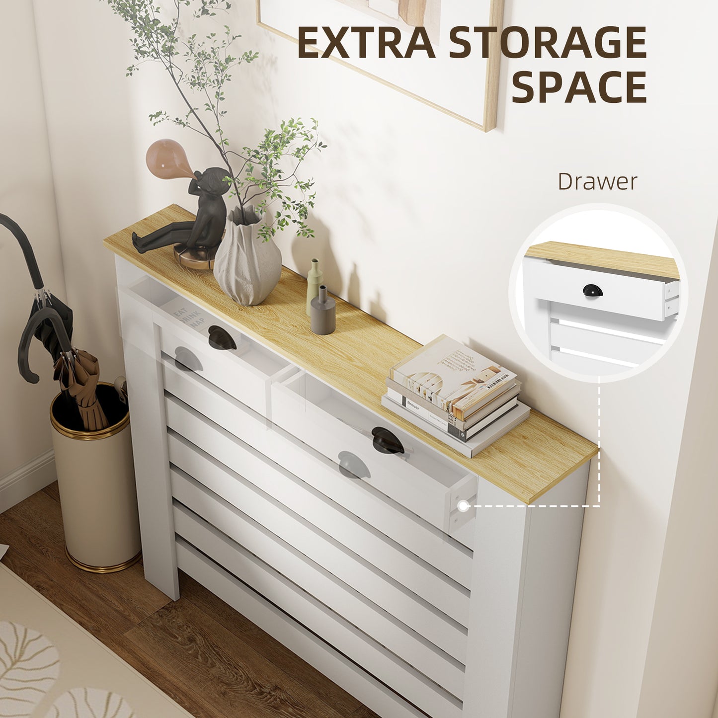 HOMCOM Slim Radiator Cover With Drawer White Slatted Design 95.5 H x 111 W cm MDF and Particle Board