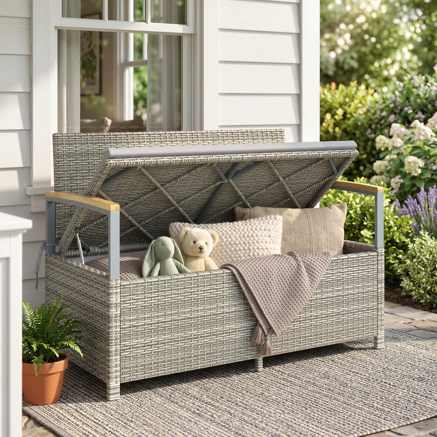 Outsunny 170 L Garden Storage Bench Zipped Liner 2 Seater Rattan With Gas Strut Cushion Light Grey