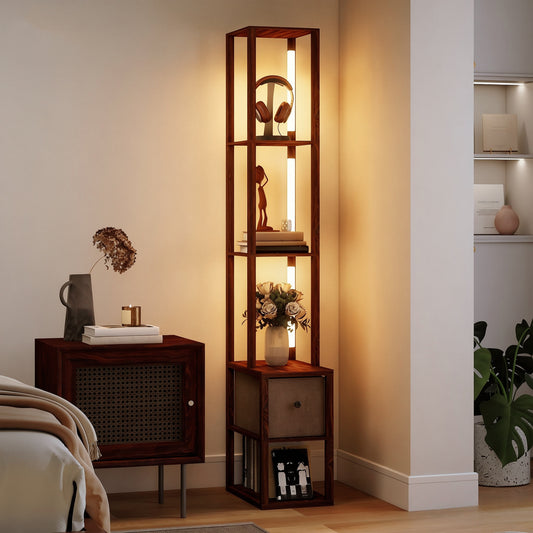 Dark brown floor lamp with open shelves and fabric drawer, warm LED column light