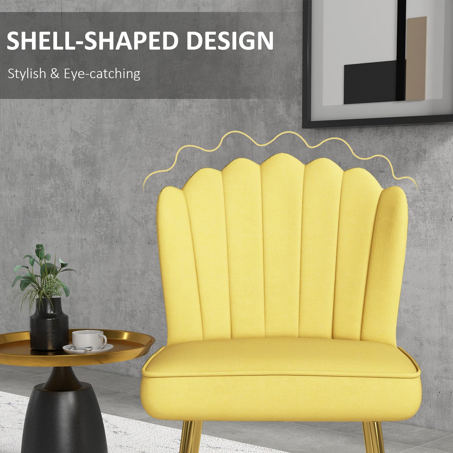 Set Of 2 Velvet-Feel Shell Accent Chairs In Yellow With Gold-Tone Legs For Living Room Decor