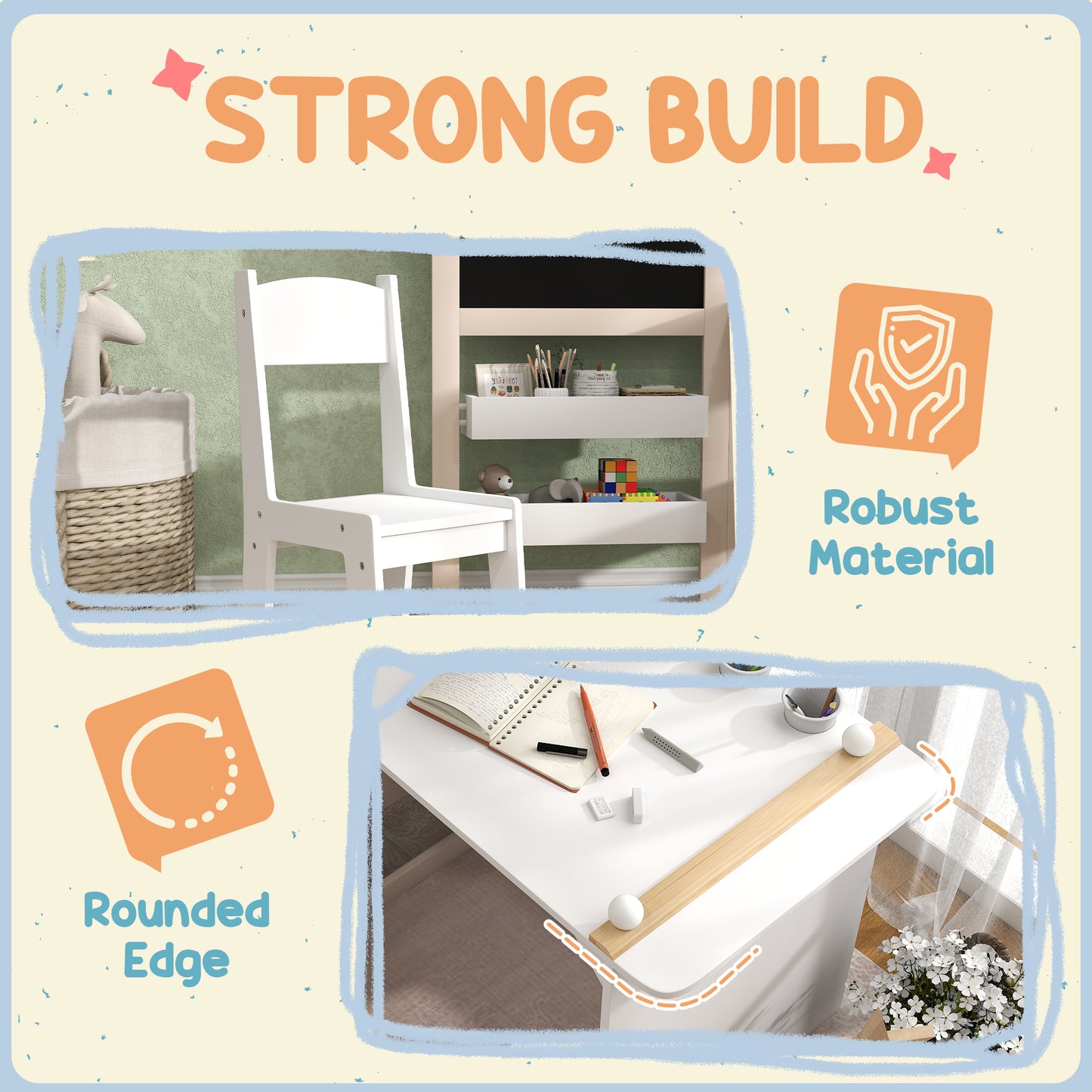 AIYAPLAY 3 In 1 Kids Table And Chair Set With Storage Whiteboard Blackboard And Roll Paper For Ages 3 To 8 White