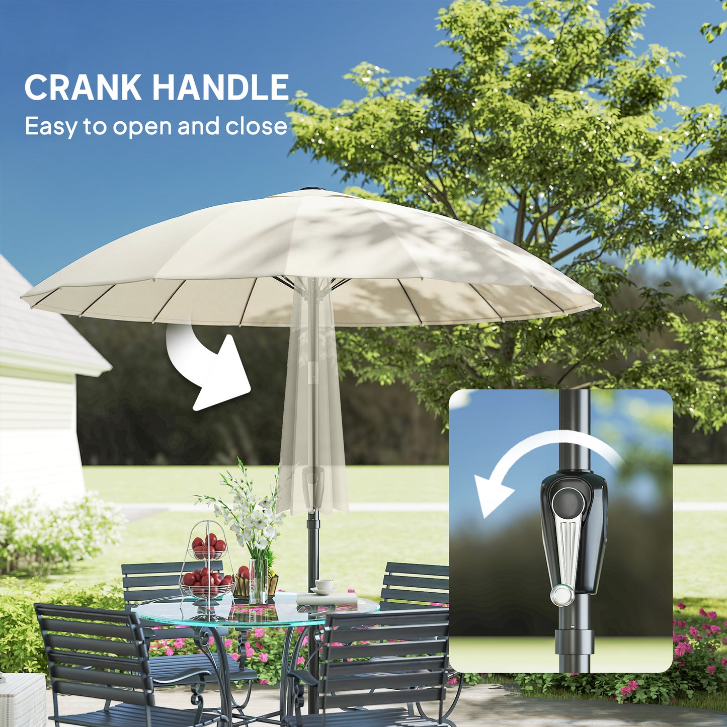 Outsunny 2 m Shanghai Garden Parasol Umbrella With 16 Fibreglass Ribs Crank Tilt Cream White Outdoor Sun Shade