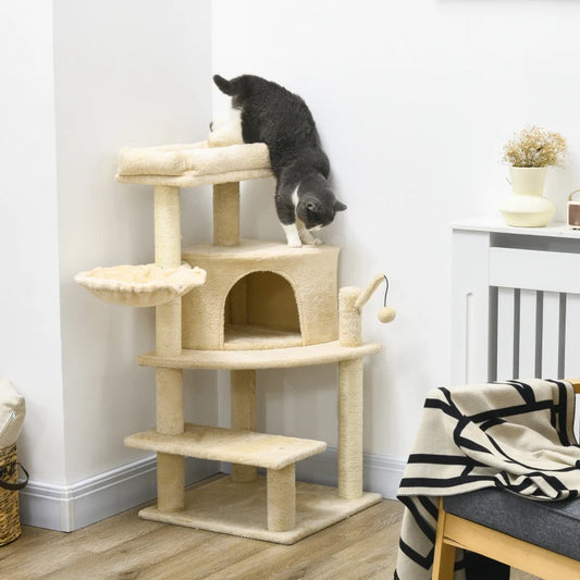 PawHut 100cm Cat Tree Tower with Sisal Scratching Post - Cream White, Ideal for Feline Play and Relaxation