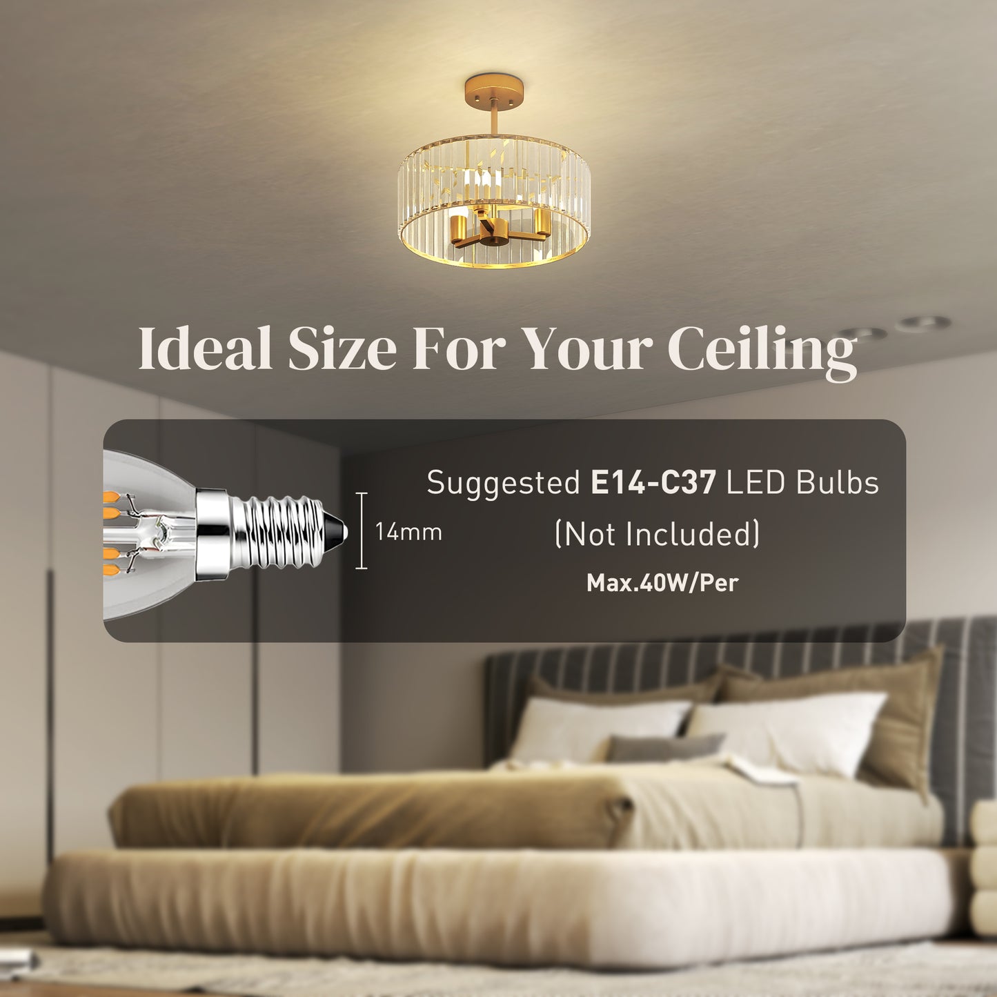 HOMCOM Crystal Ceiling Light Fixture Semi Flush Mount Modern Crystal Chandelier E14 Base 3 Lights Gold Tone