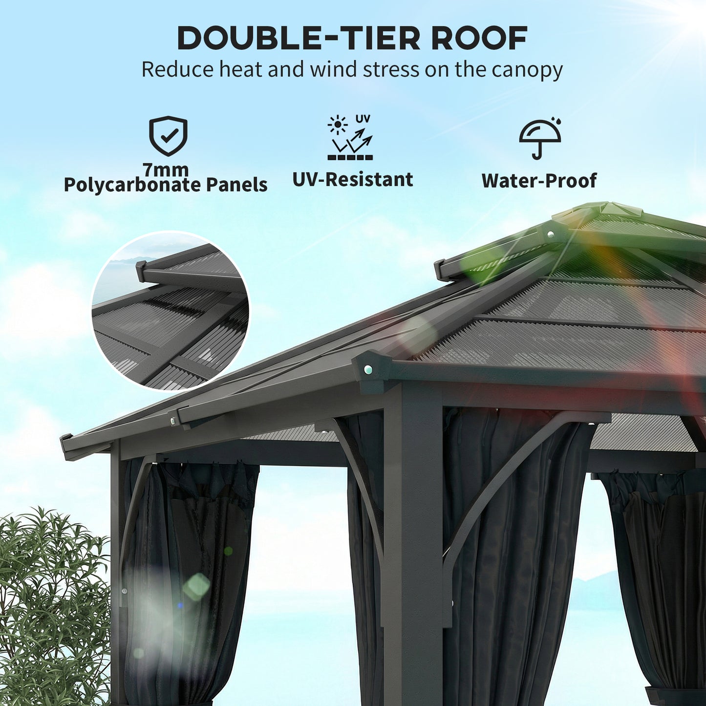 Outsunny 2.5 x 2.5 m Hardtop Gazebo With 7mm Polycarbonate Roof Netting Curtains Dark Grey