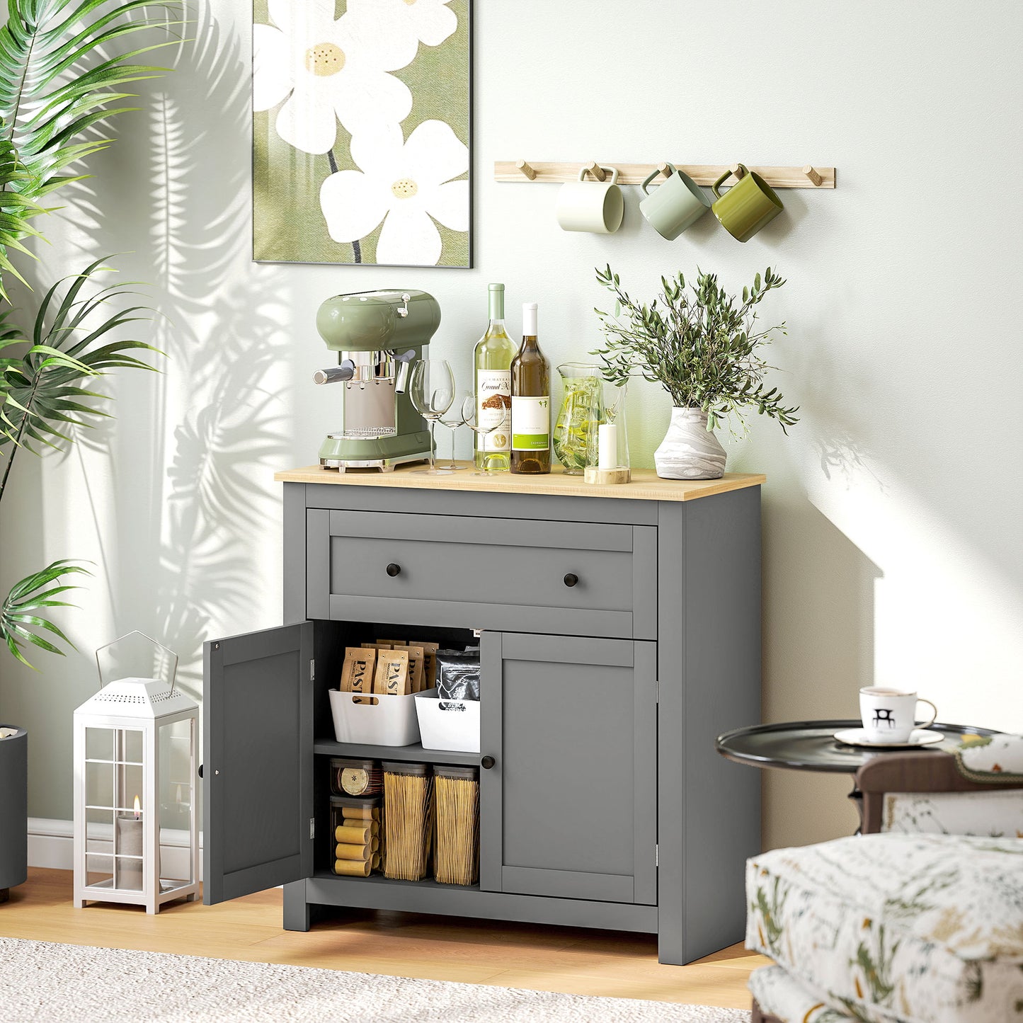 HOMCOM Sideboard Storage Cabinet With Adjustable Shelf Drawer And Double Doors Grey For Living Room Dining Room Hallway