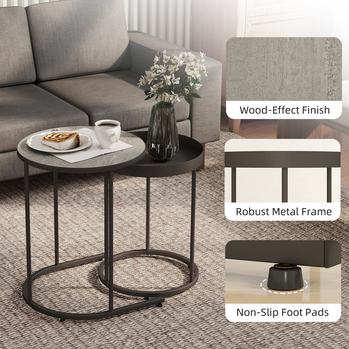 HOMCOM Industrial Nesting Tables Set of Two Grey Finish Small and Large Tables for Space Saving