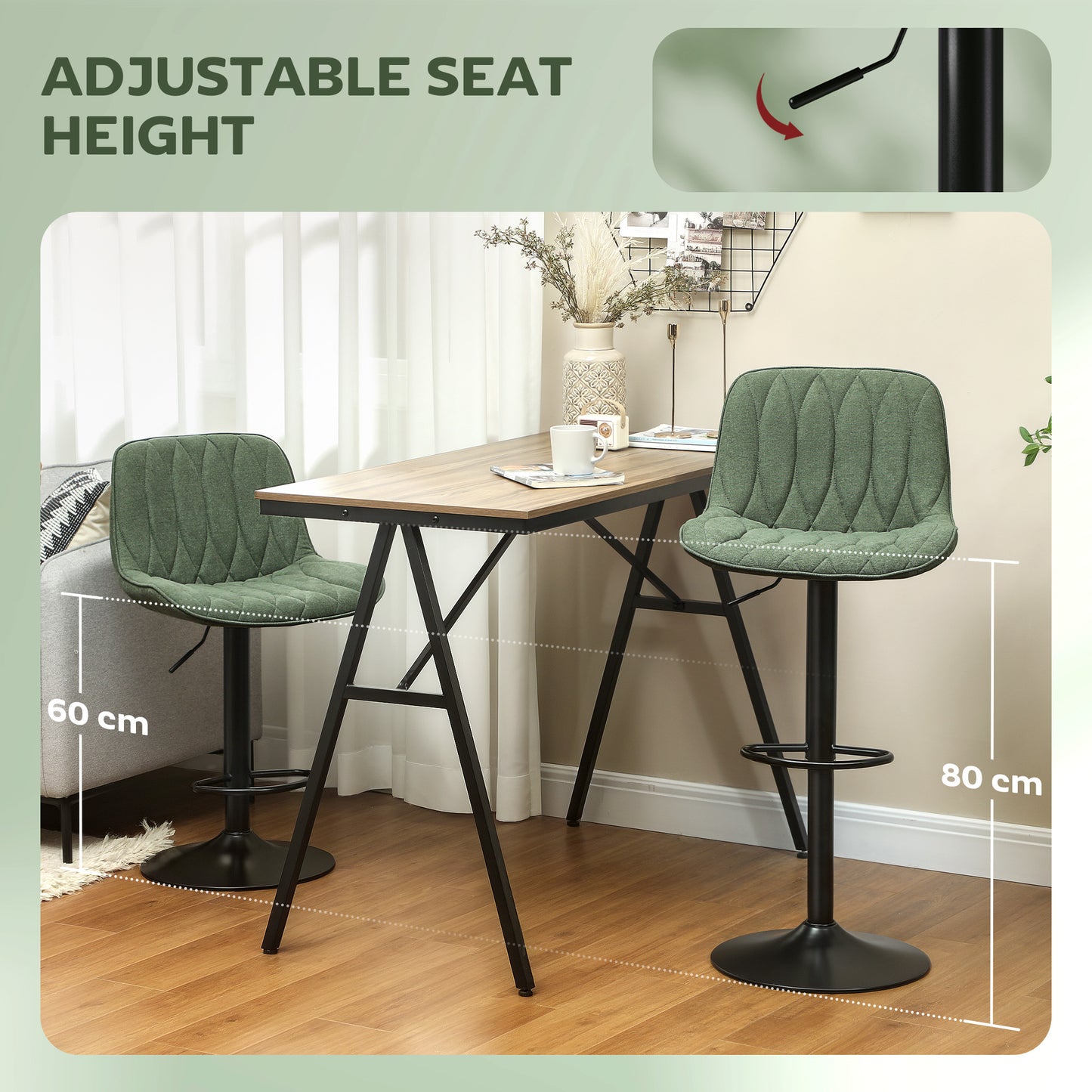 HOMCOM Breakfast Bar Stools Set of 2 Linen Upholstery Adjustable Height 60 to 80 cm Green