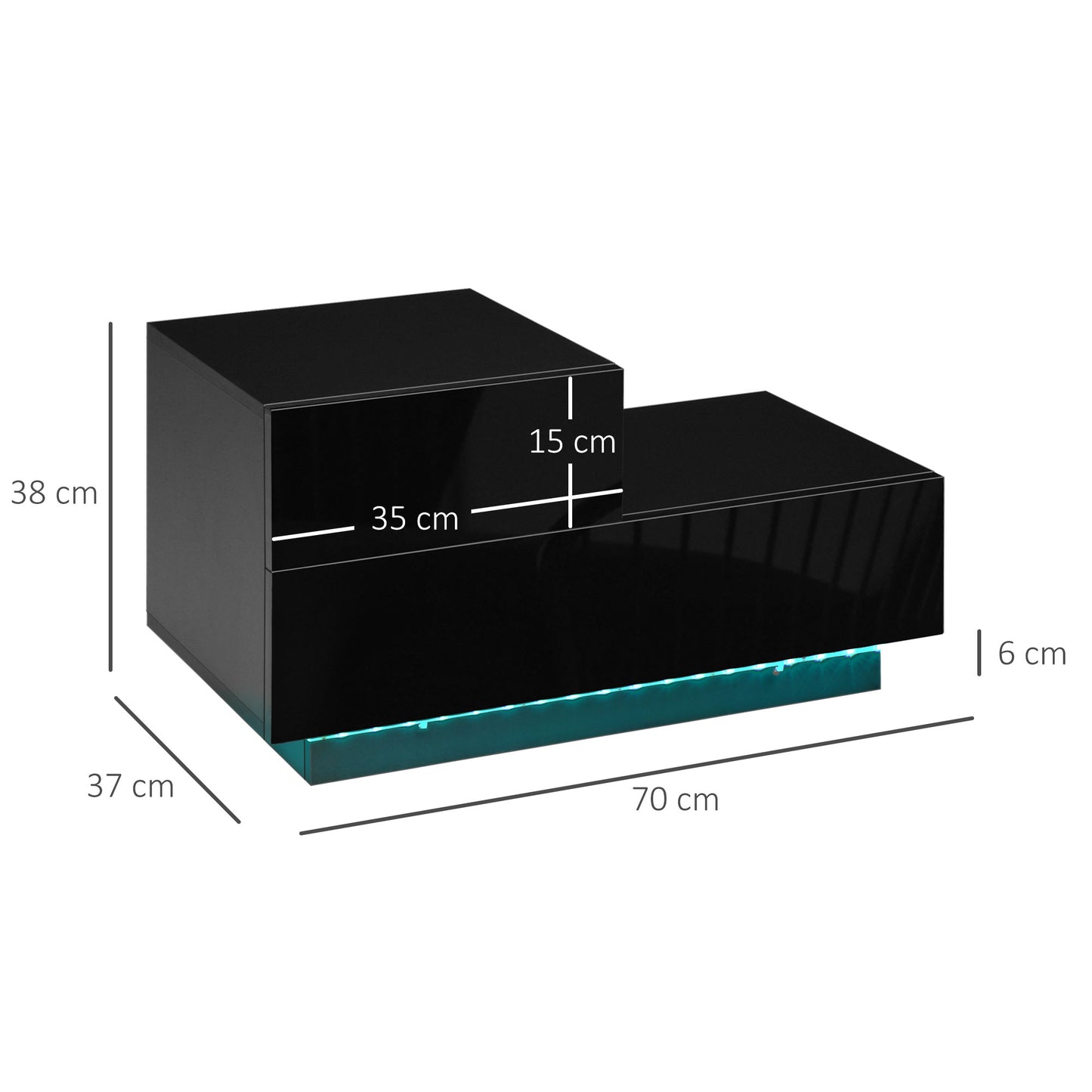HOMCOM High Gloss Front Bedside Nightstand With Drawers RGB LED Light And Remote Black