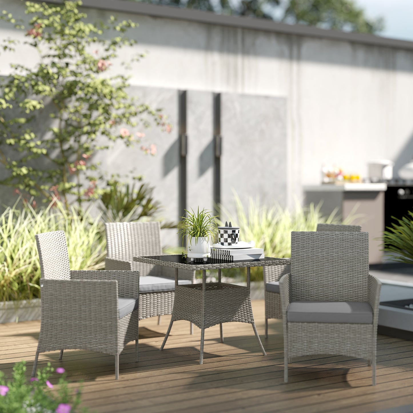 Outsunny Five Piece Rattan Dining Set Light Grey Four Chairs With Glass Table And Cushions
