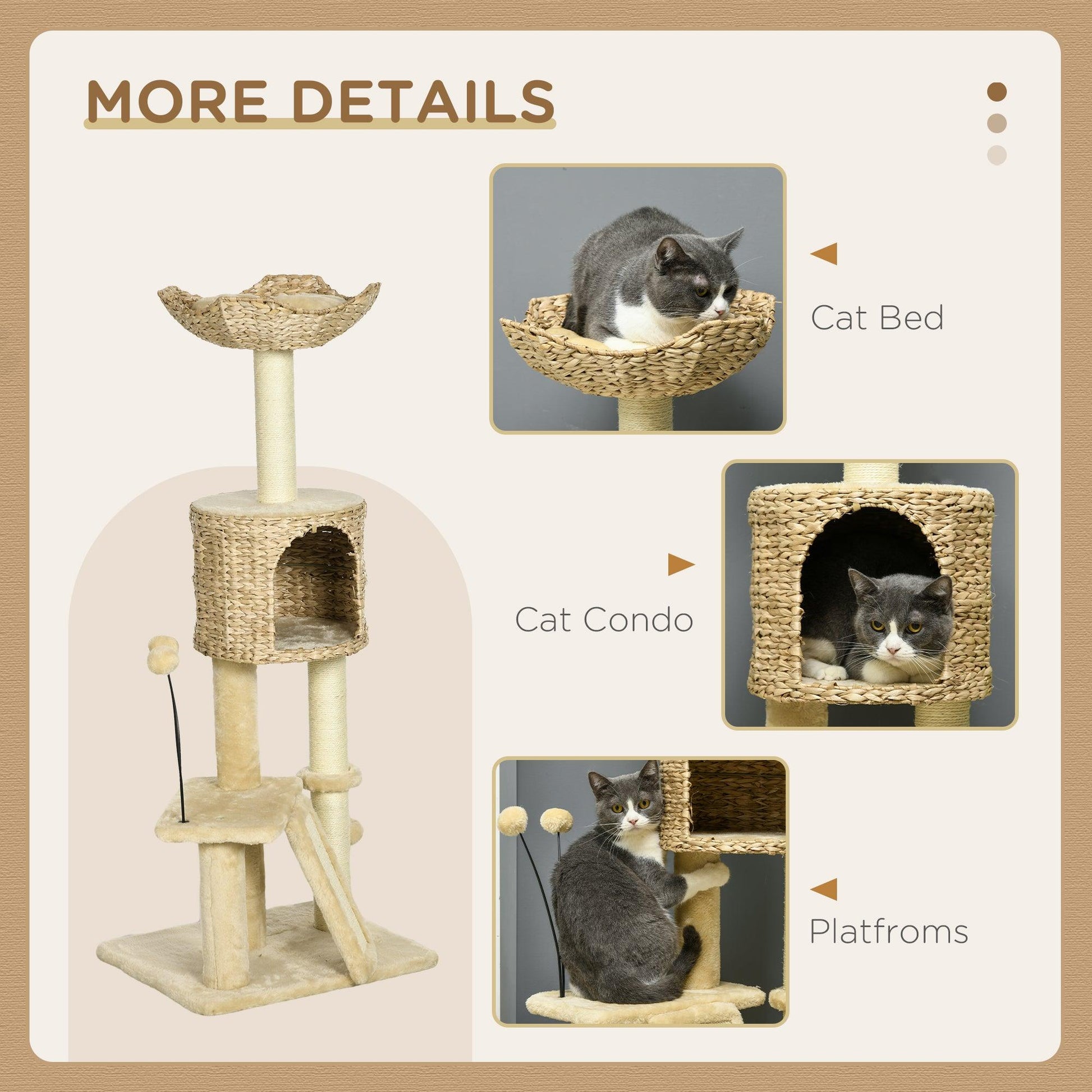 PawHut Cat Tree Tower with Scratching Post and Toy Ball - Beige - ALL4U RETAILER LTD