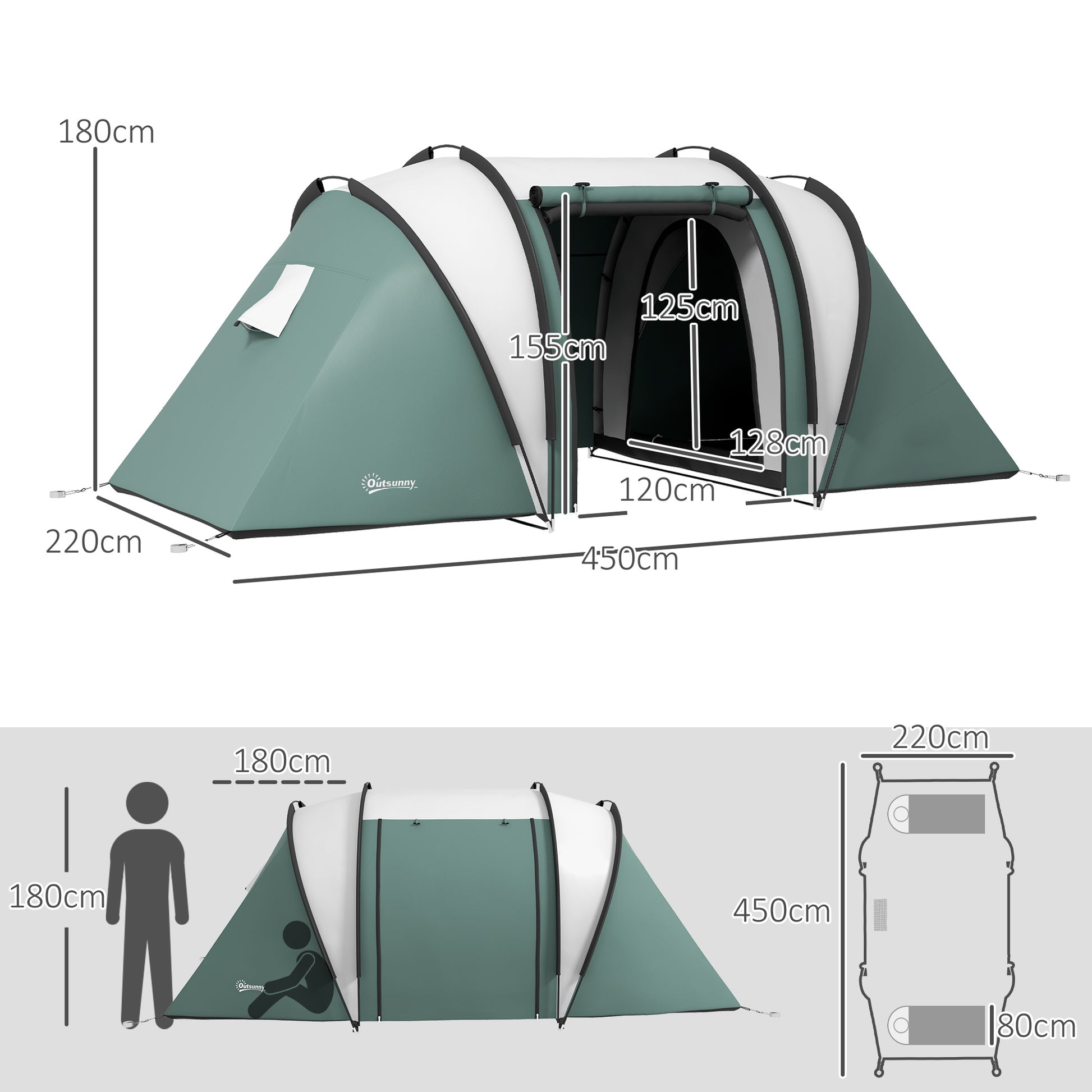 Outsunny Family Camping Tent with 2 Bedrooms and Living Area, 3000mm Waterproof, Ideal for Fishing, Hiking, and Festivals - Dark Green - ALL4U RETAILER LTD