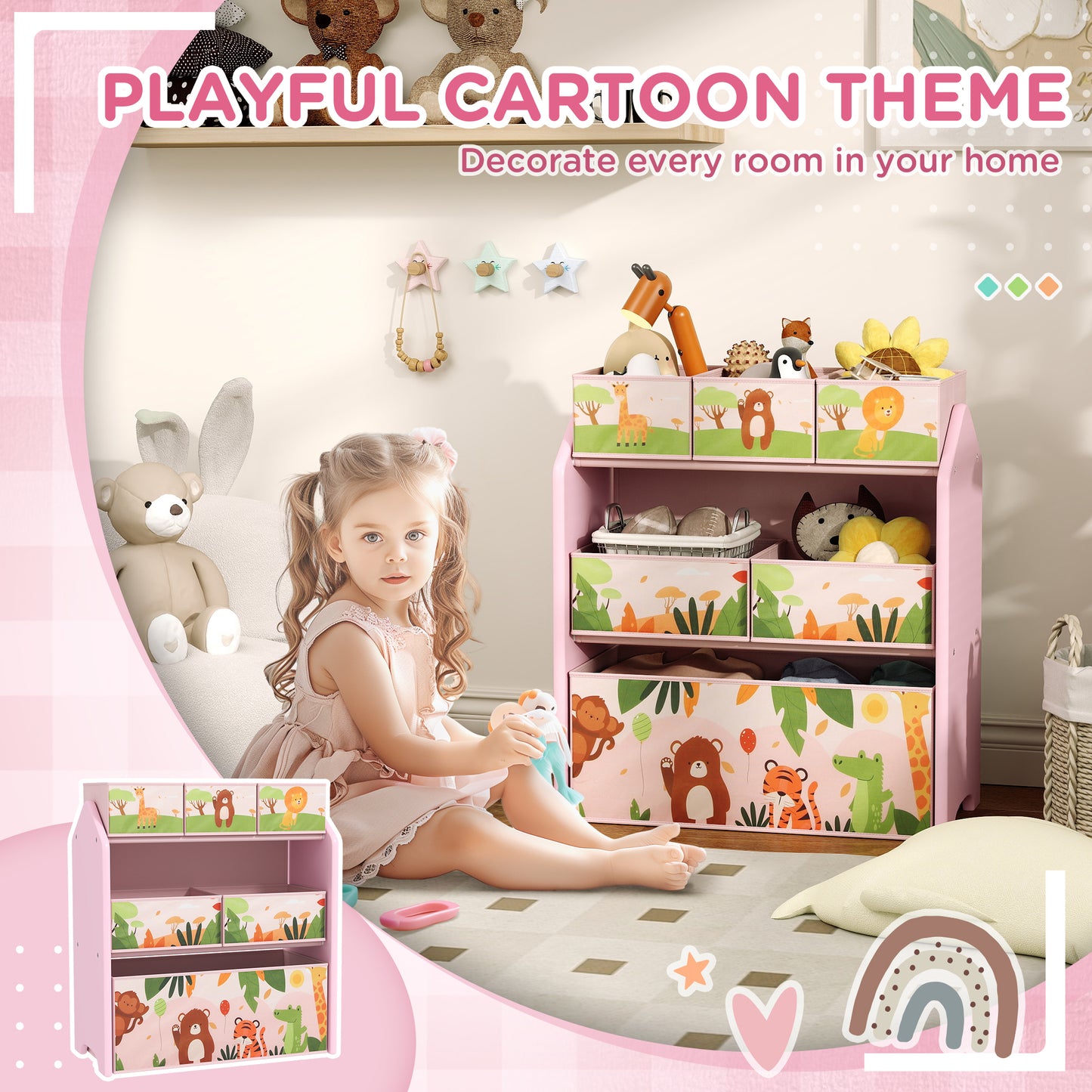 AIYAPLAY 3 Tier Kids Toy Storage Unit With 6 Removable Boxes Pink For Playroom Bedroom Nursery