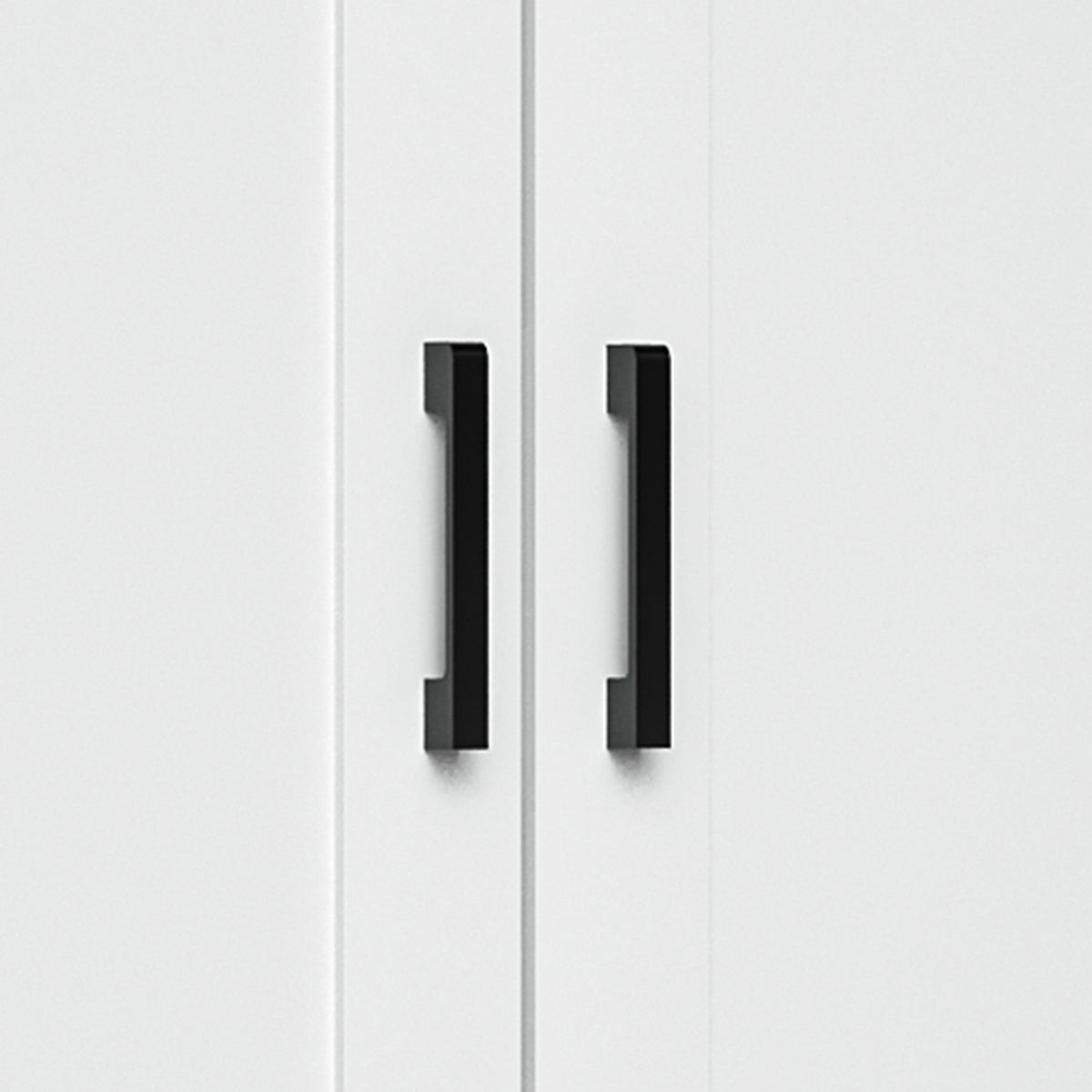 Close-up of white cabinet doors with long black bar handles