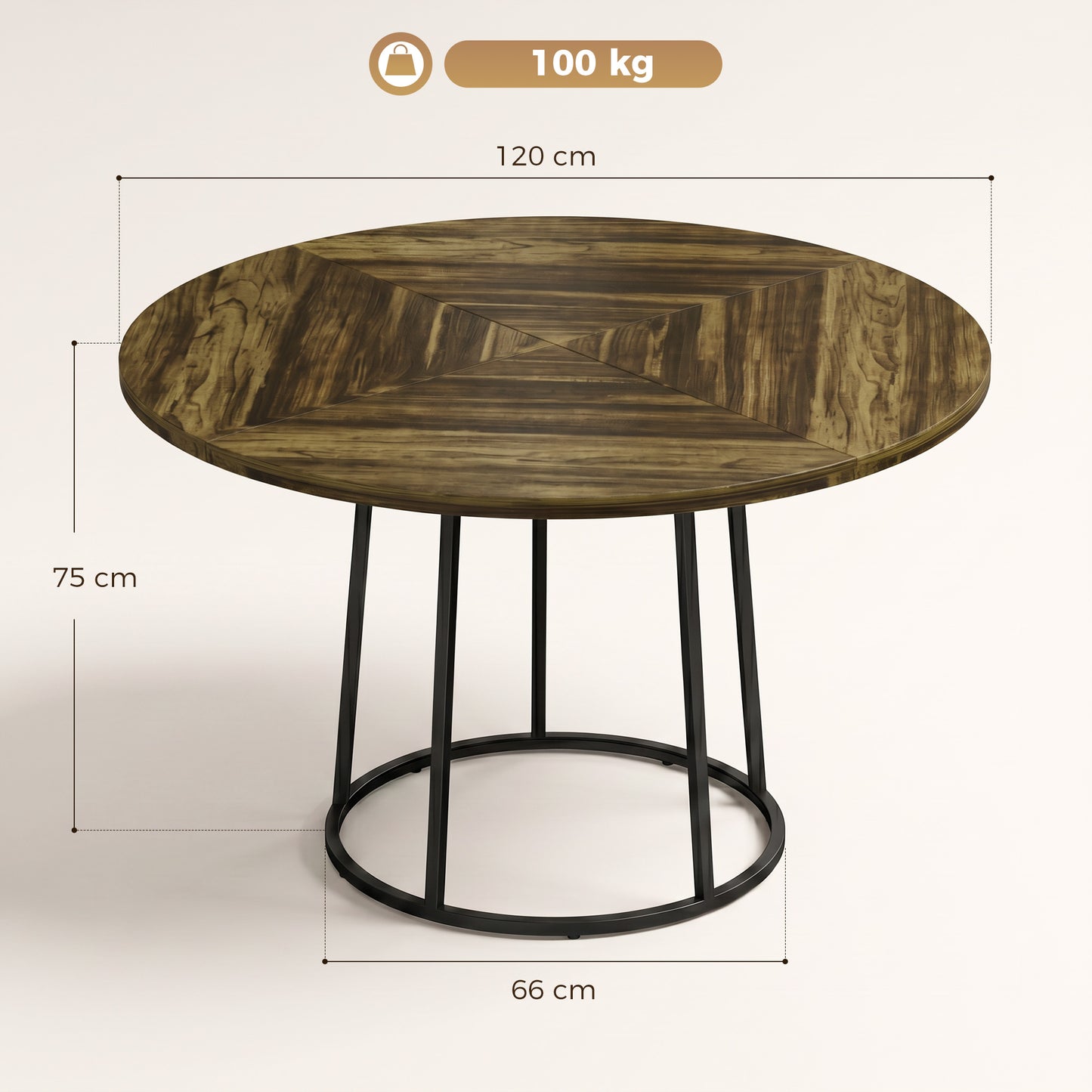 HOMCOM Round Dining Table 120 cm Space Saving Kitchen Table Conical Metal Base Rustic Brown
