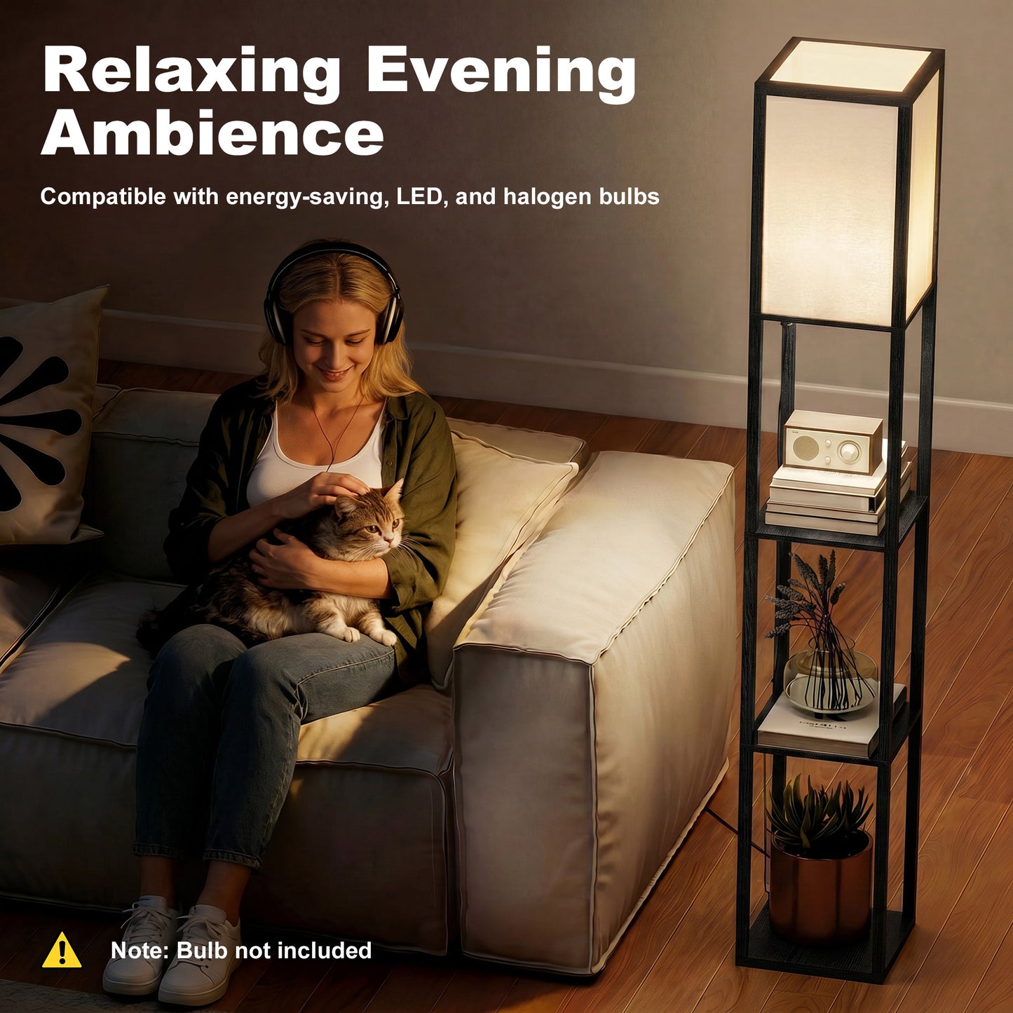 HOMCOM Floor Lamp With Shelves Three Tier Modern Standing Lamp For Living Room Bedroom Office Black Bulb Not Included