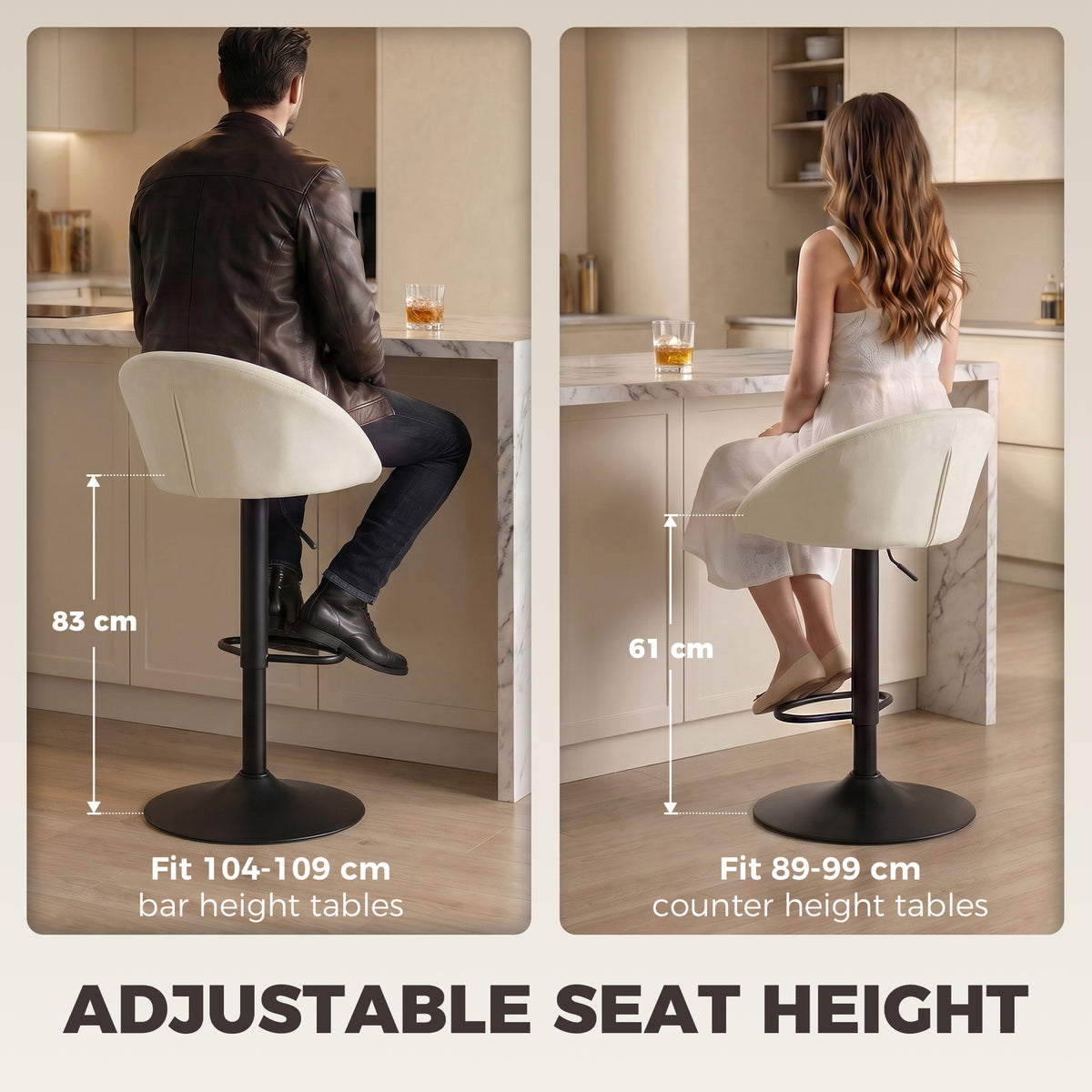 Two cream upholstered adjustable bar stools with padded back, swivel base, and footrest