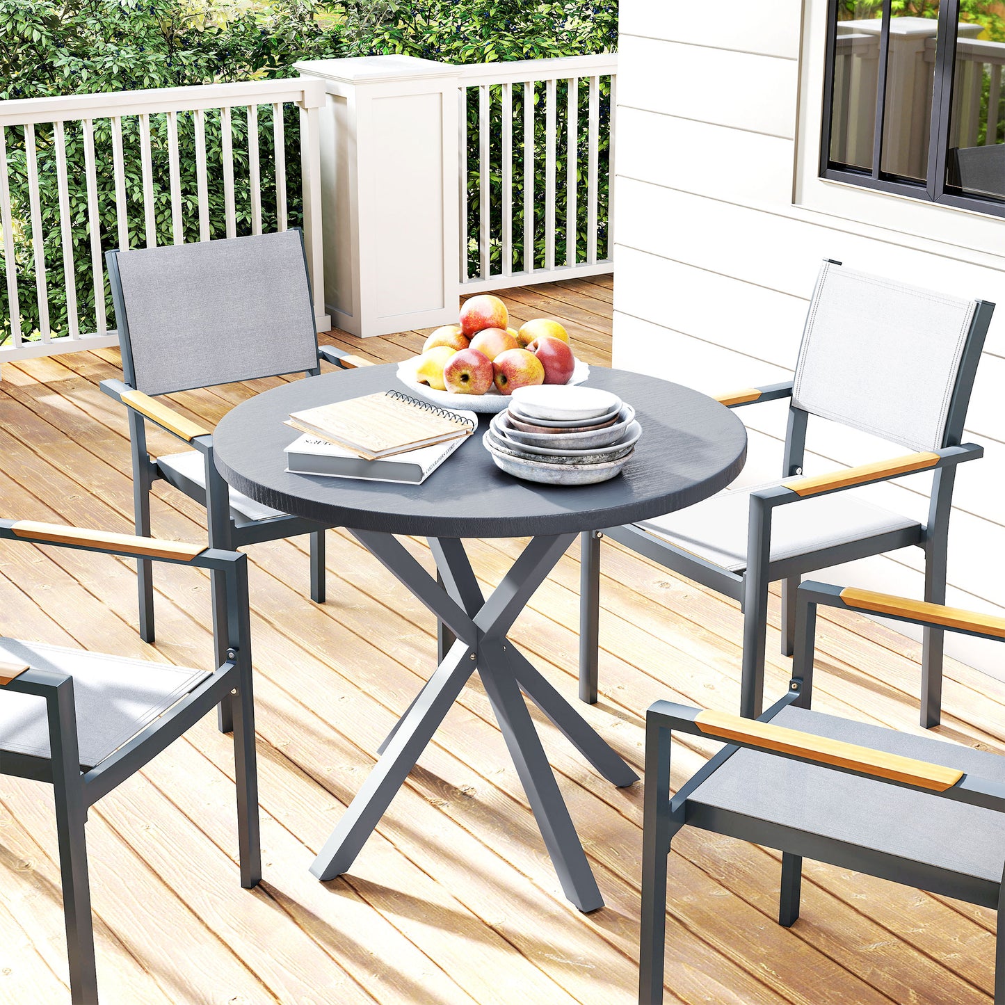 Outsunny 85cm Round Outdoor Dining Table With Steel Frame And Wood Effect Top For Balcony And Deck Dark Grey