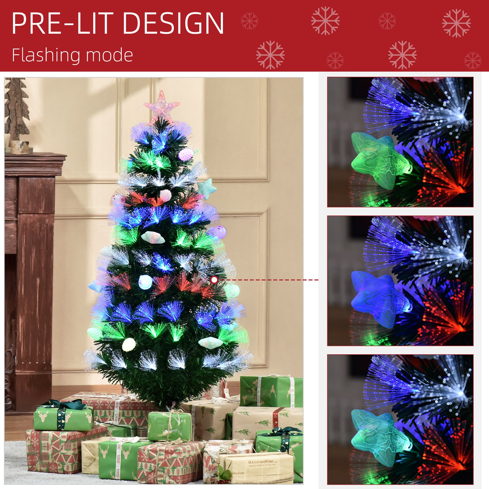 HOMCOM 4FT Pre-Lit Green Christmas Tree with LED Lights and Fibre Optic Ornaments for Holiday Decor - ALL4U RETAILER LTD