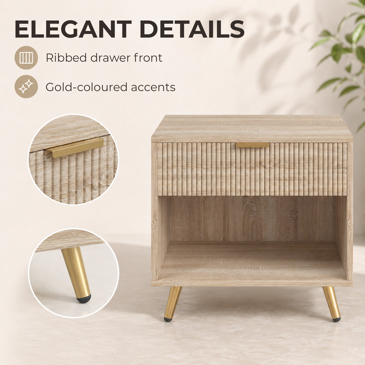 HOMCOM Bedside Table With Drawer Natural Wood Finish Nightstand Bedroom