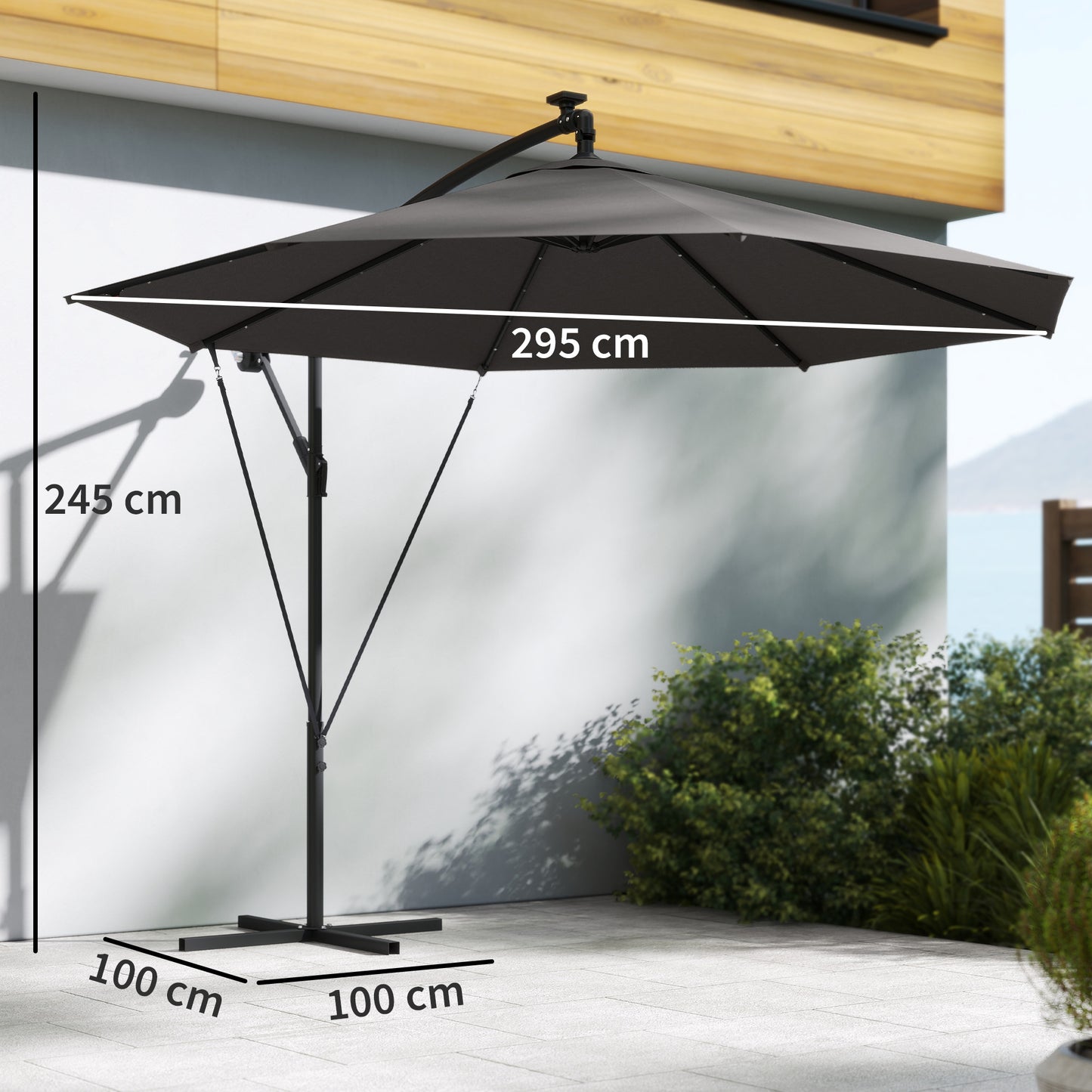 Outsunny 3 Meter Cantilever Parasol With Solar LED Lights Garden Umbrella Cross Base Black