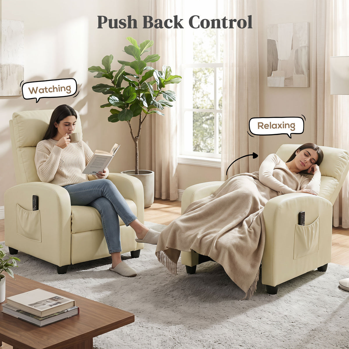 HOMCOM Massage Recliner Chair Faux Leather Remote Side Pocket Cream White