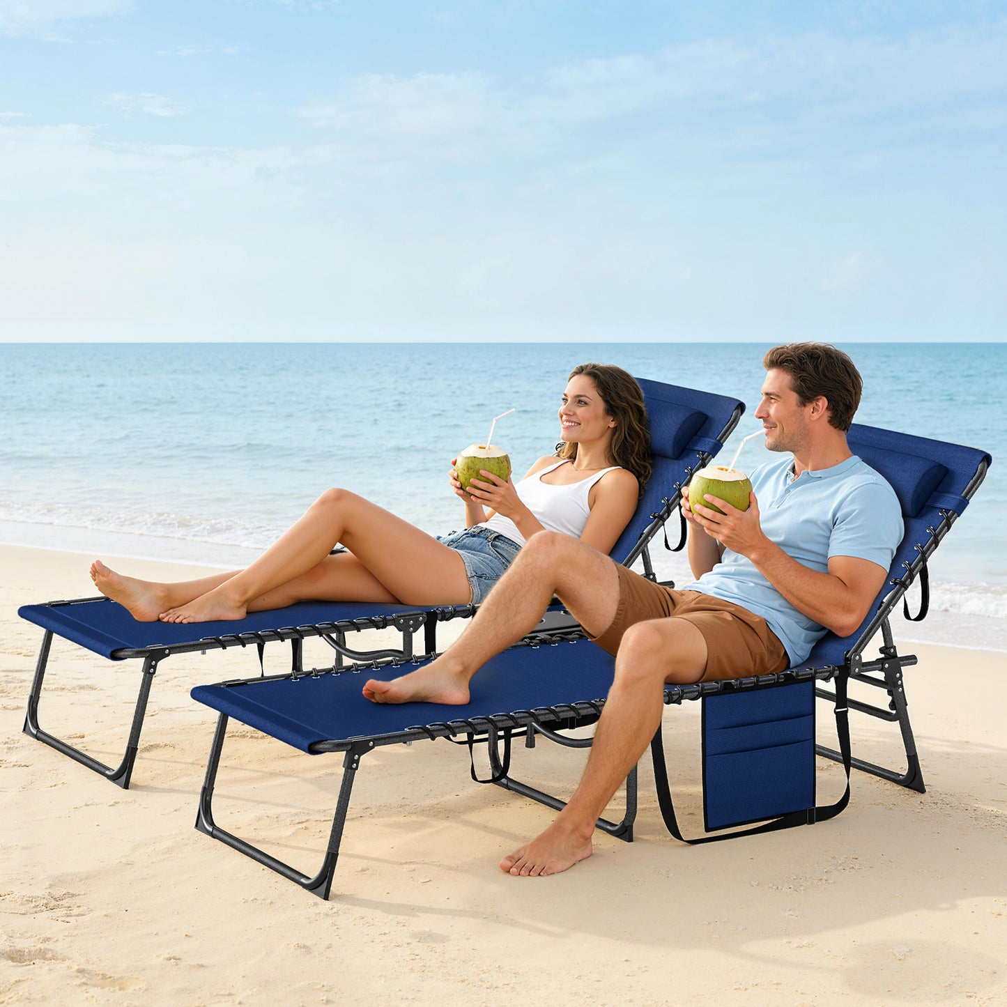 Outsunny Five Position Adjustable Reclining Sun Loungers Set Of 2 In Dark Blue With Steel Frames