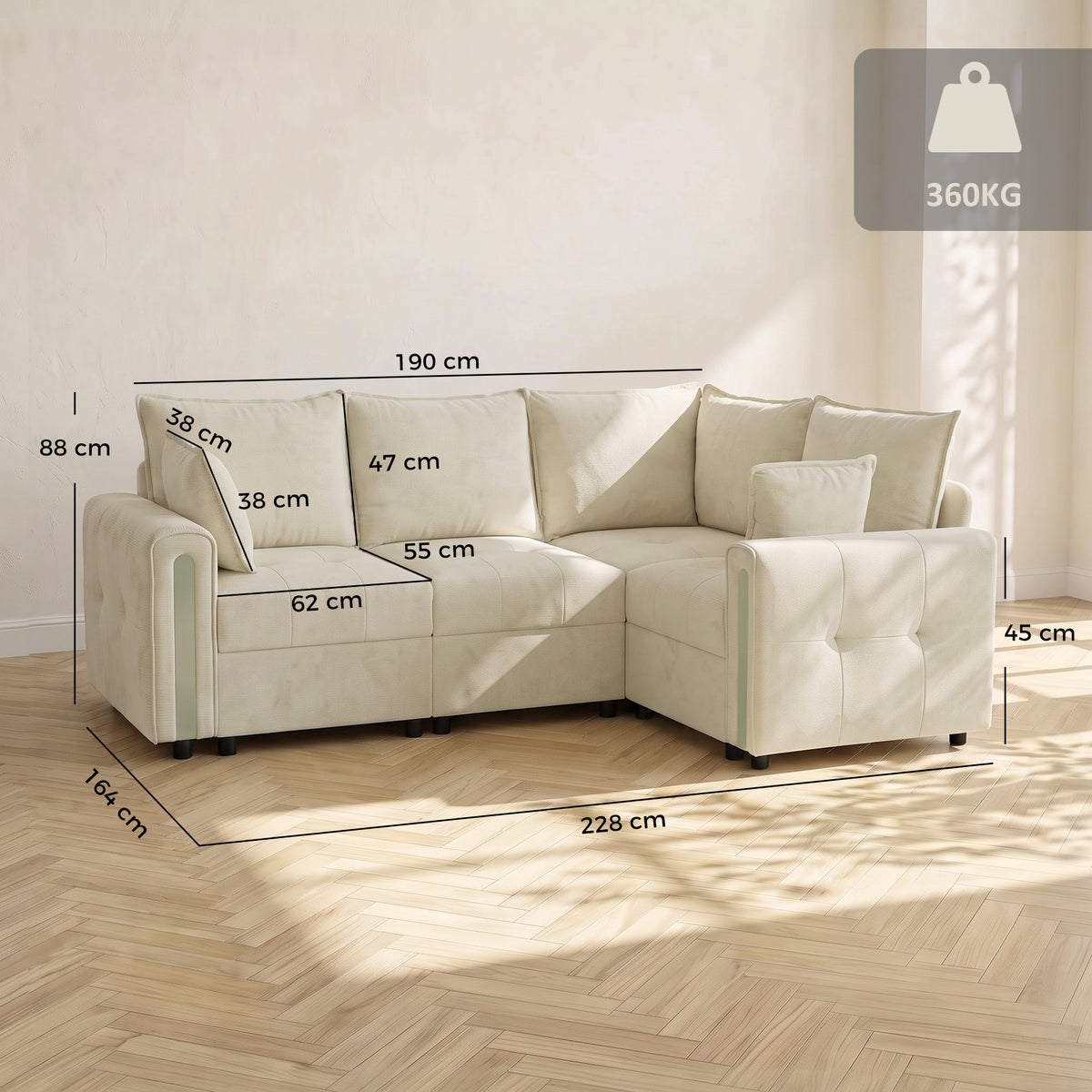 Beige L-shaped sectional sofa with labeled seat and back dimensions
