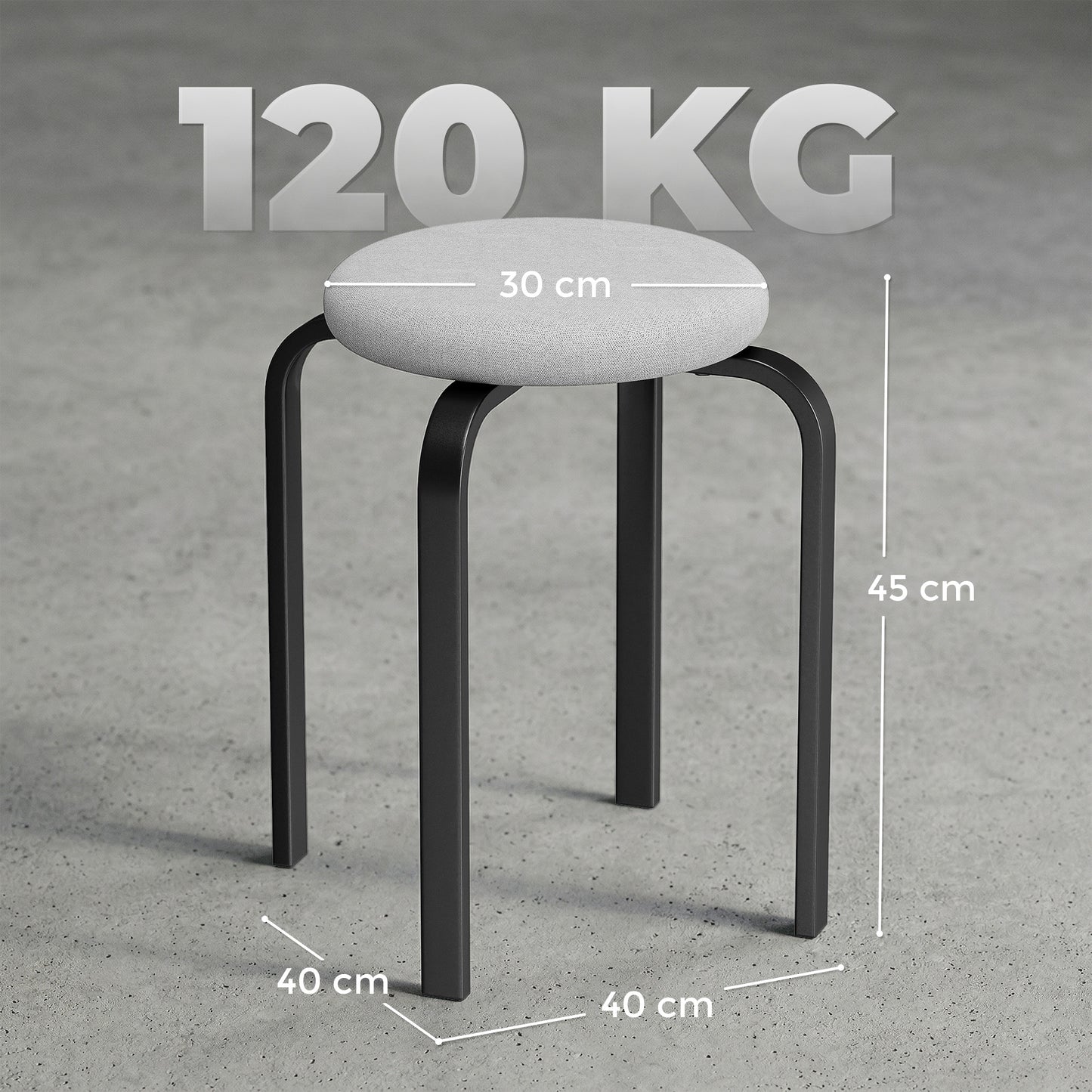 HOMCOM Stackable Cushioned Round Backless Stools Set of 4 Grey for Kitchen and Dining Room