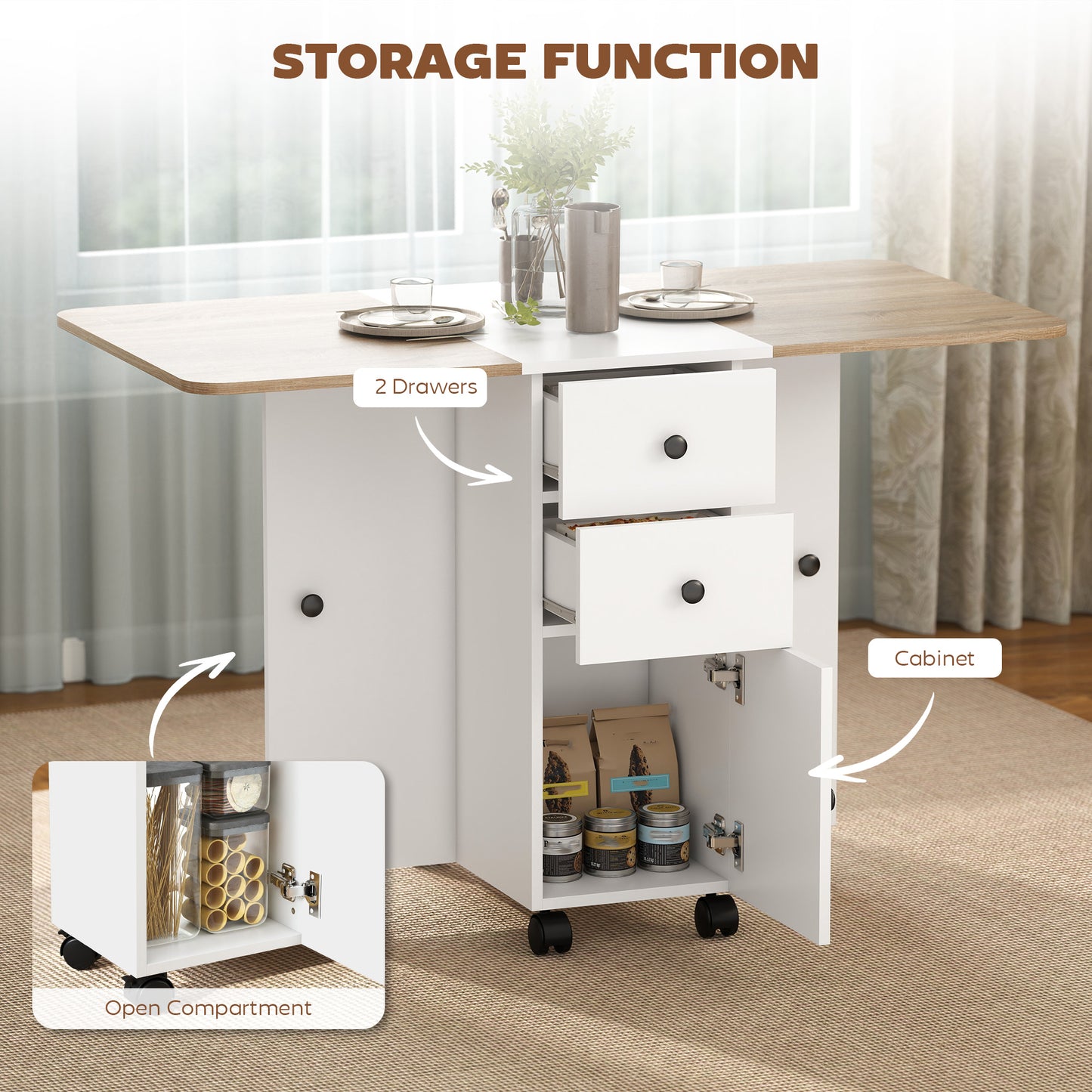 HOMCOM Multi Storage Drop Leaf Dining Table for Six Oak and White Space Saving Folding Table with Dual Leaves