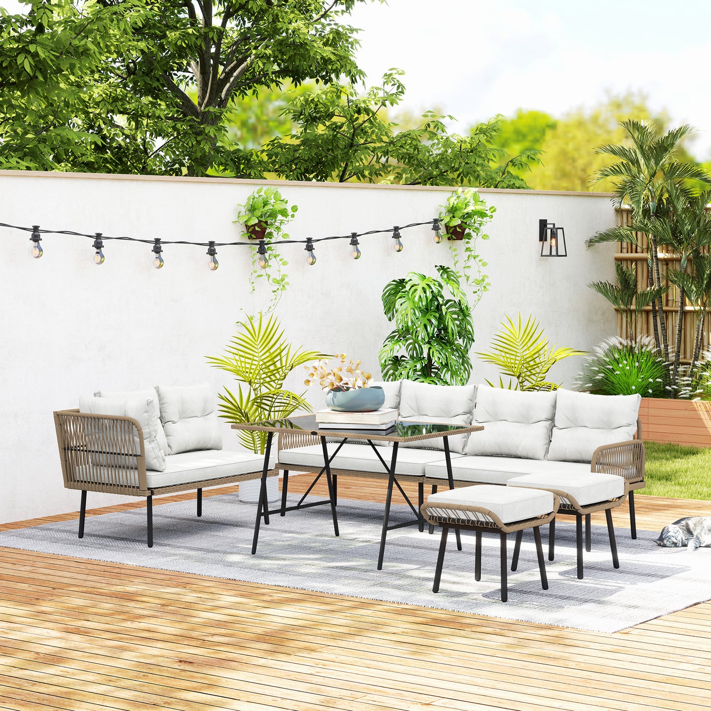 Outsunny 6 Piece Rattan Garden Furniture Set With Cushions And Glass Top Table 8 Seater Cream White