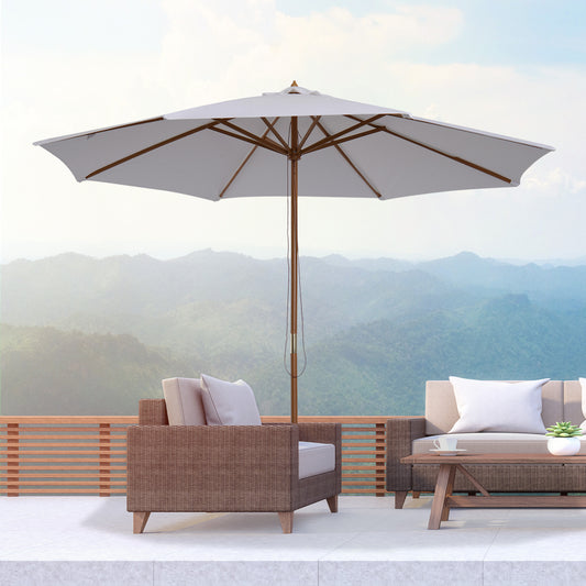 Outsunny 3 M Garden Parasol With Base Rope Pulley Mechanism 8 Rib Wooden Patio Umbrella White