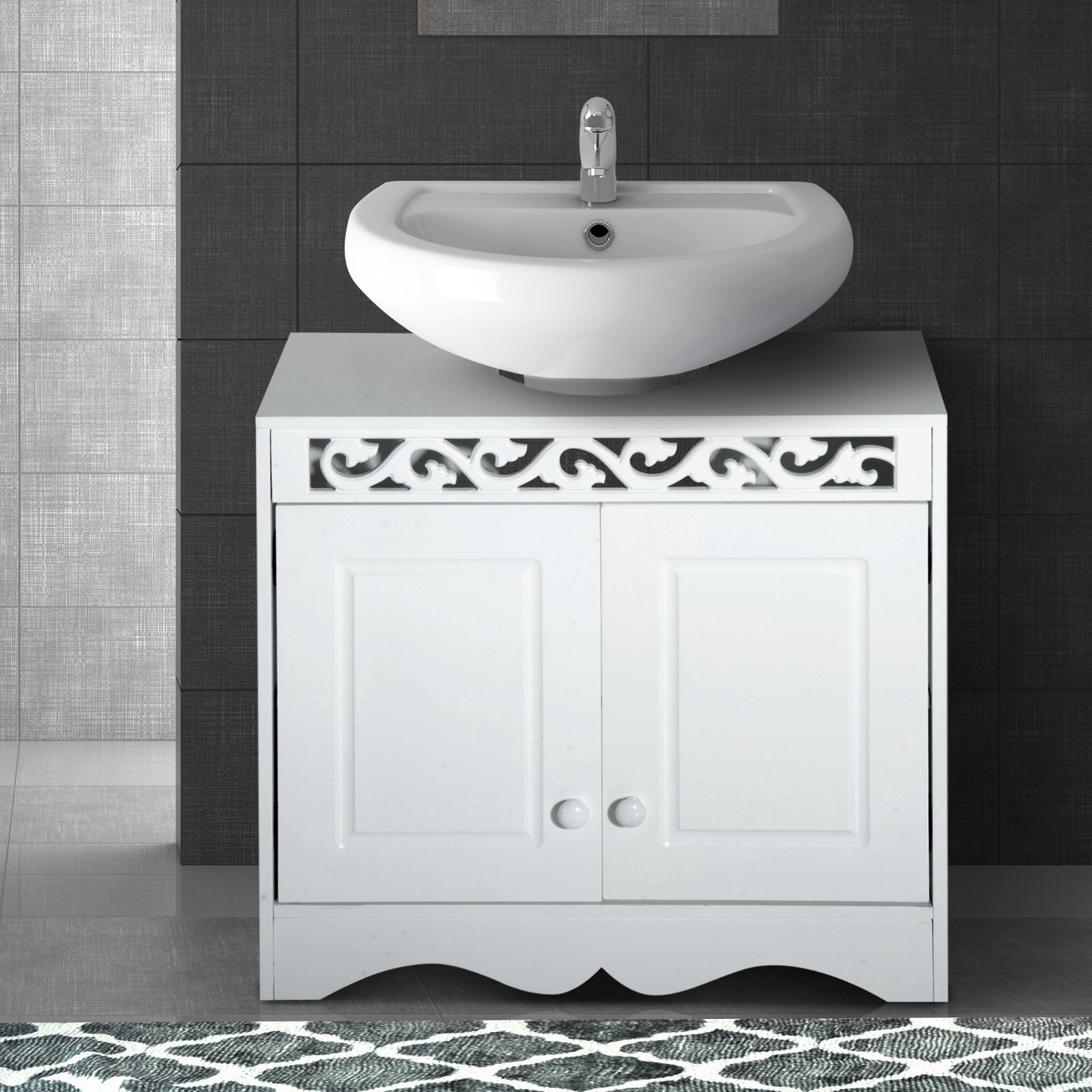 HOMCOM Stylish White Under Sink Bathroom Cabinet with Double Doors and Storage Shelves - ALL4U RETAILER LTD