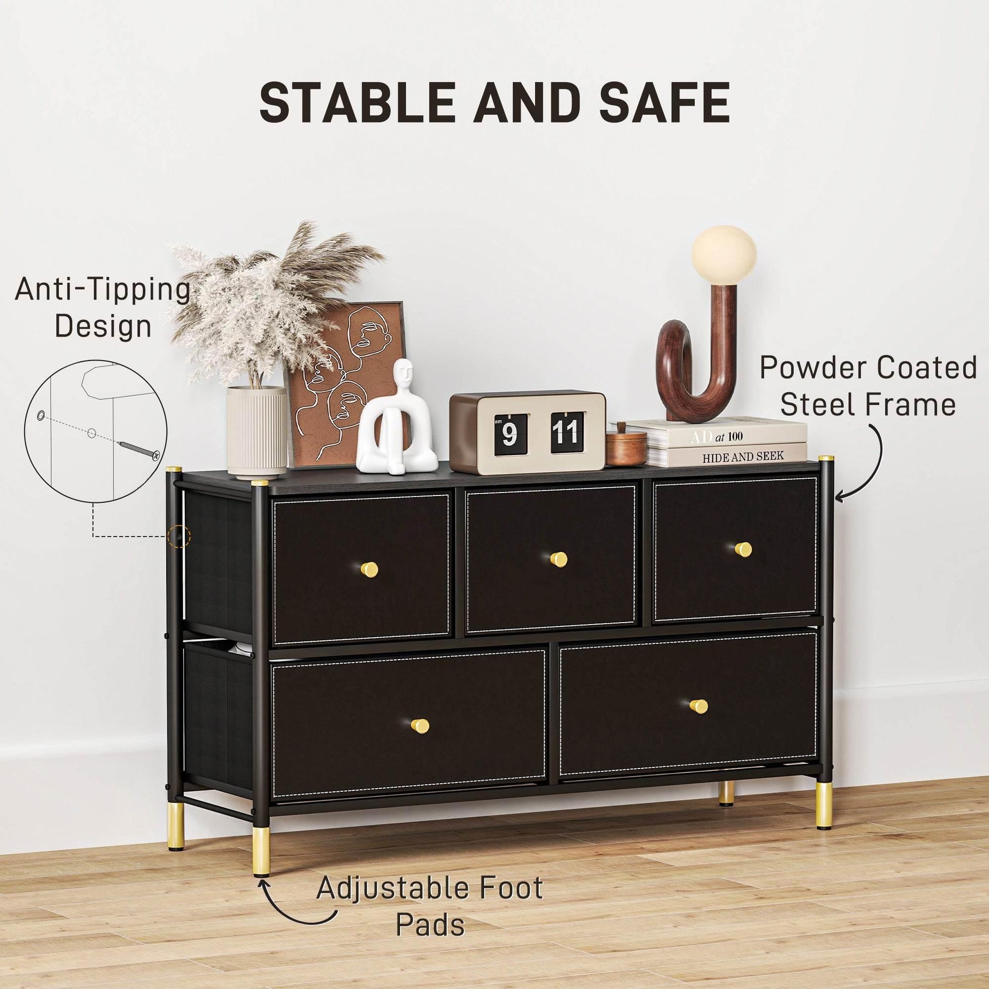 Modern 5-Drawer Fabric Dresser with PU Leather Finish and Steel Frame for Stylish Storage Solutions - ALL4U RETAILER LTD