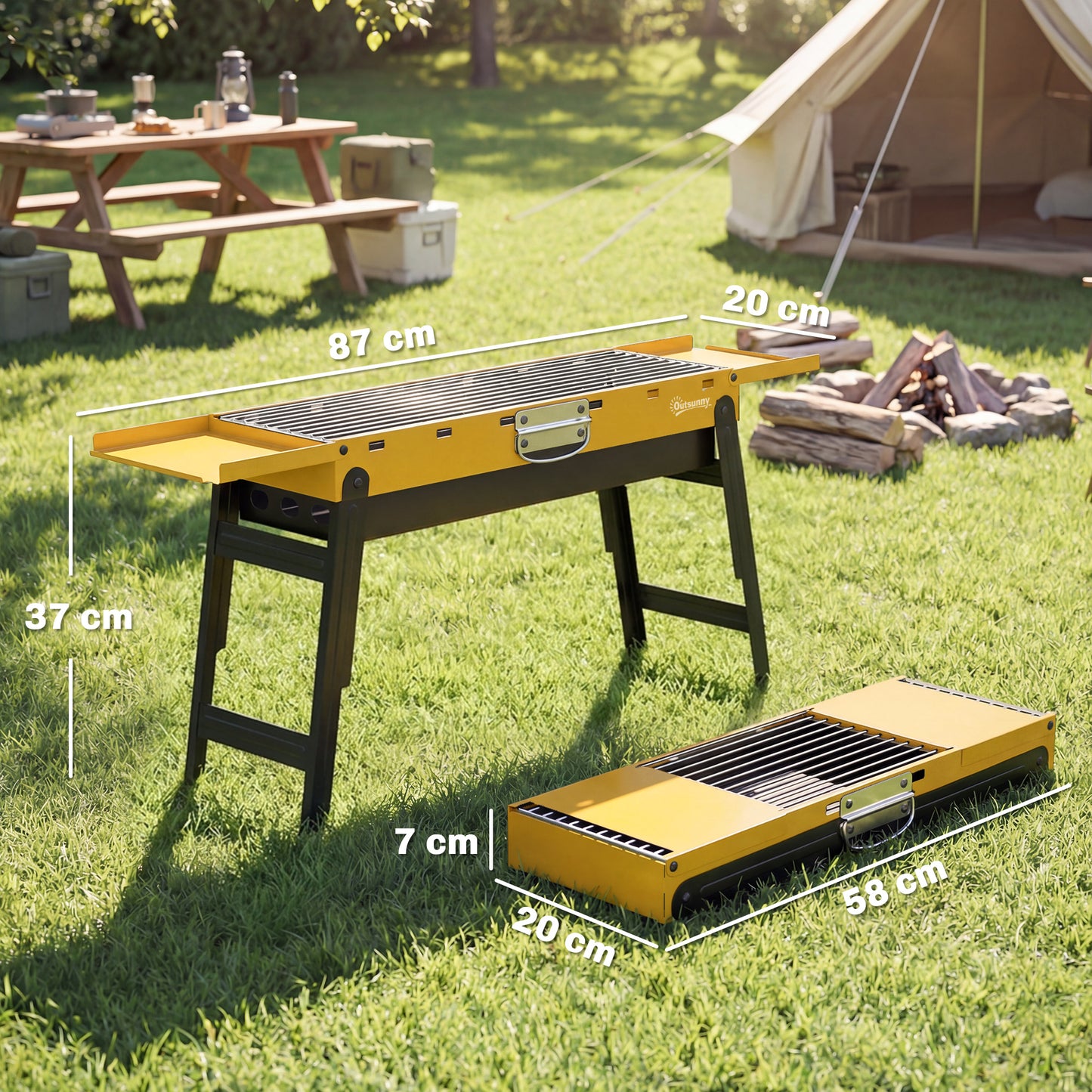 Outsunny Yellow Portable Foldable Charcoal BBQ Grill For Camping And Picnics With Two Side Shelves And Handle