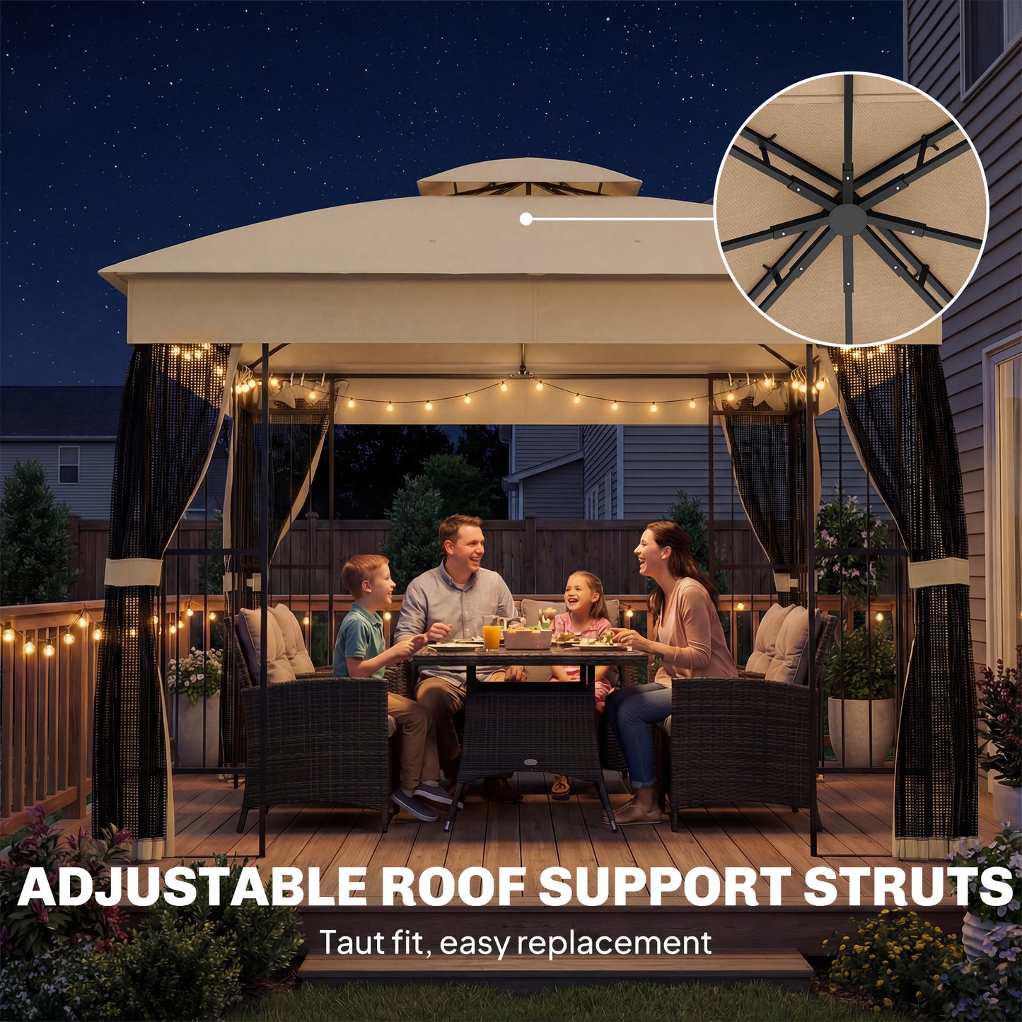 Outsunny 3x3 m Outdoor Garden Gazebo With Post Shelves Mesh Panels And Double Roof UPF50+ Permanent Pavilion Brown