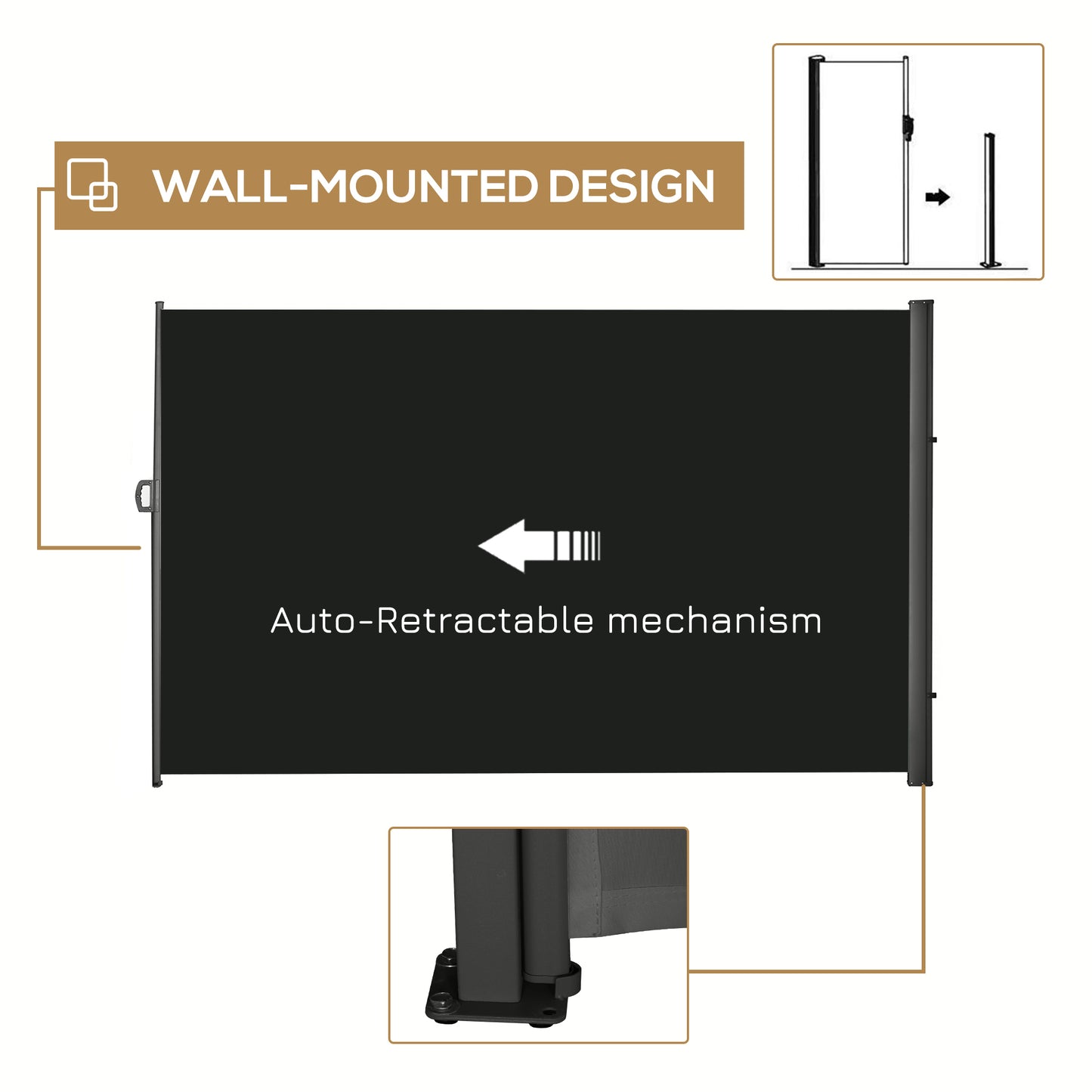 Outsunny Retractable Outdoor Privacy Awning Screen - 3x2m Black Garden Divider - ALL4U RETAILER LTD