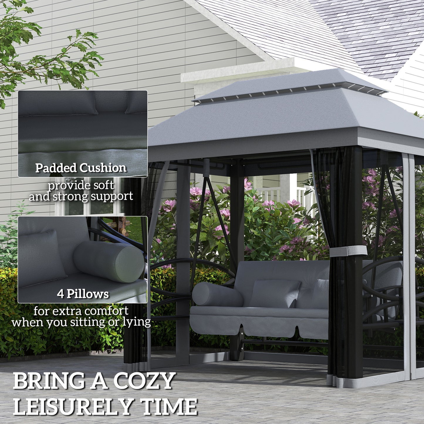 Outsunny 3 In 1 Seater Swing Chair Gazebo Lounger With Cushioned Seat And Waterproof Canopy Grey
