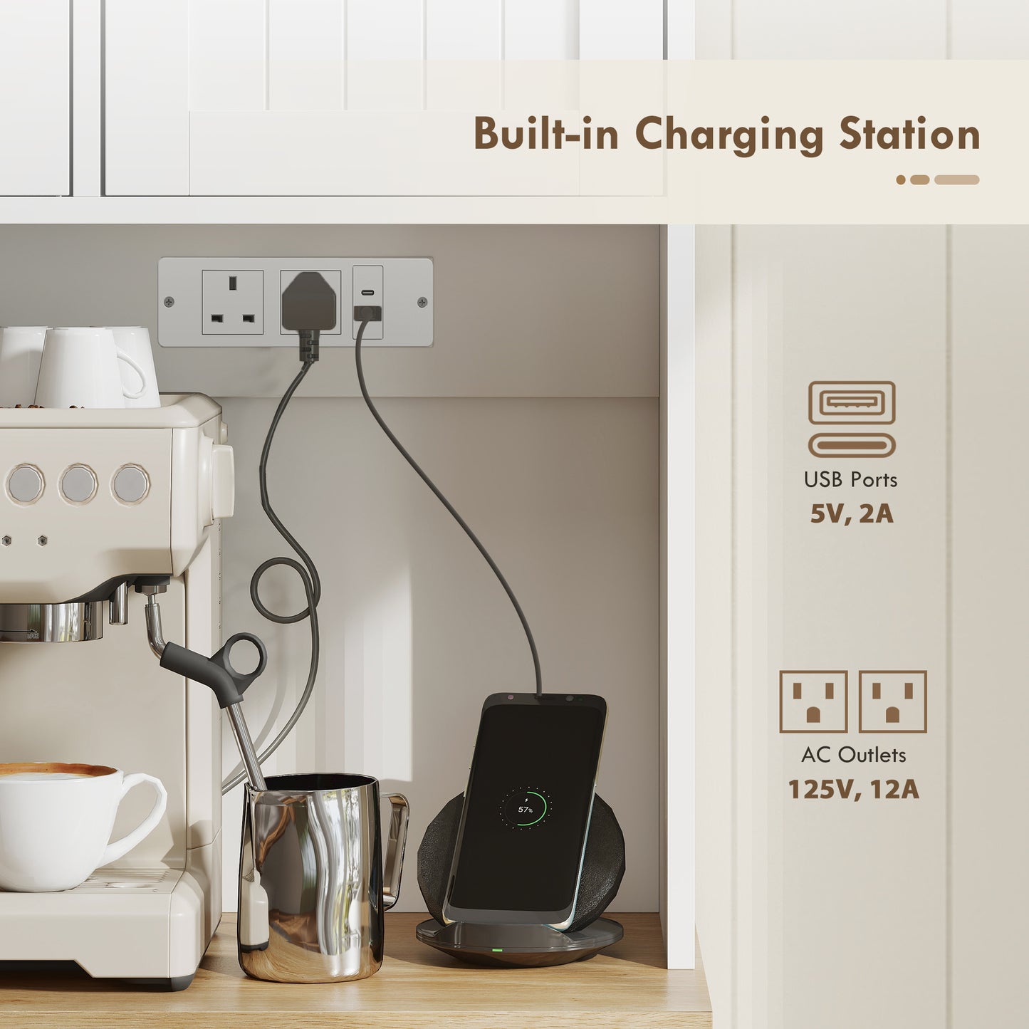 Tall Kitchen Pantry Cabinet With Charging Station And Adjustable Shelves