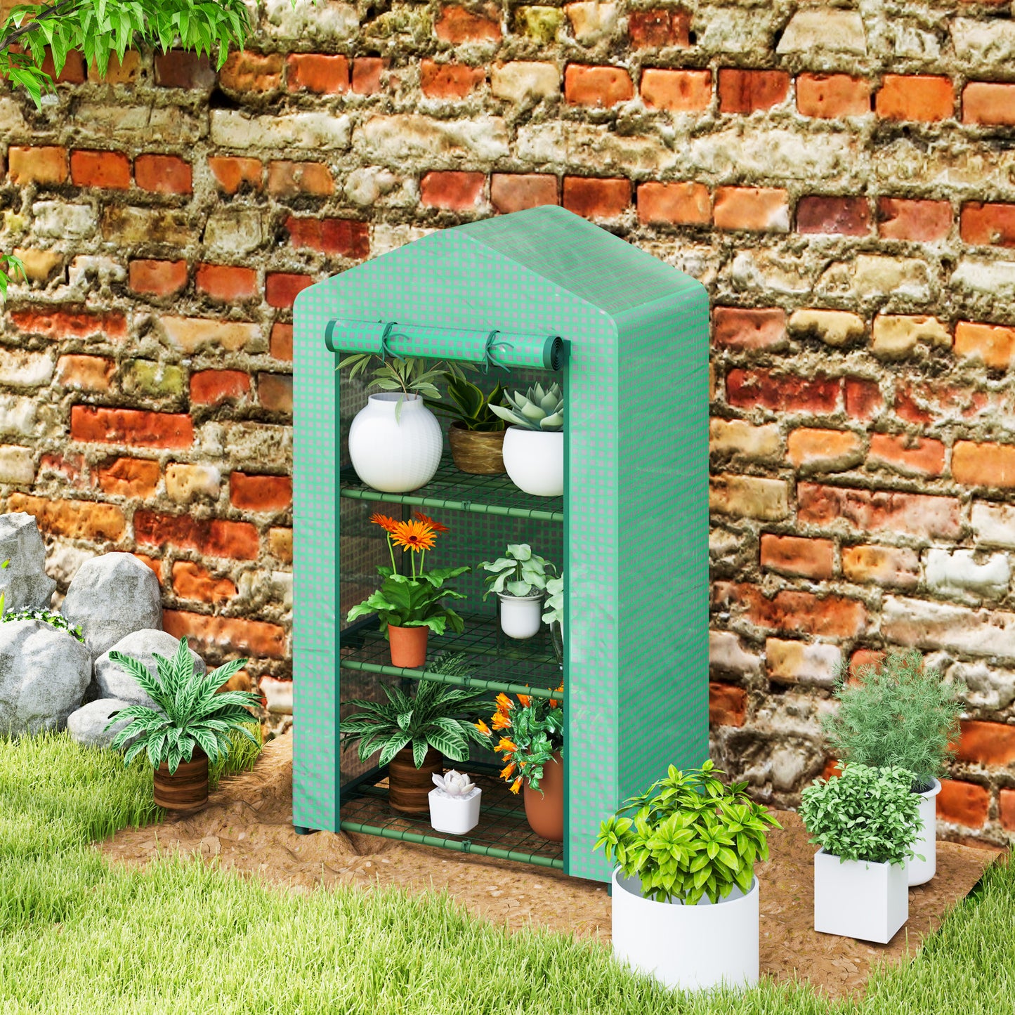 Outsunny 3 Tier Mini Greenhouse Portable Garden Grow House With Roll Up Door And Wire Shelves 69x49x125 Cm Green