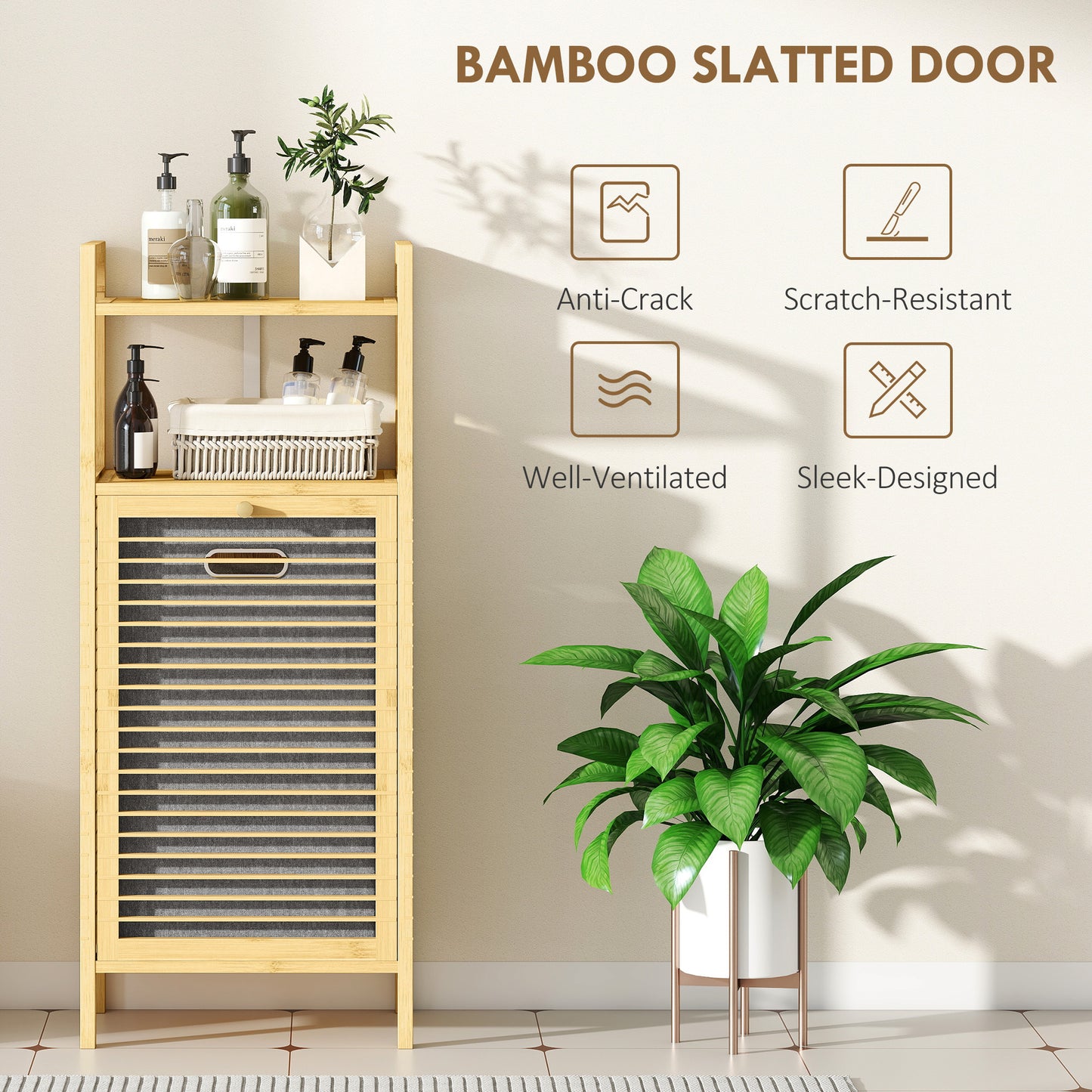 HOMCOM Bamboo Laundry Cabinet With Slatted Door And Tilt Out Hamper Removable Liner Bag Natural Wood Finish 40x30Dx95cm