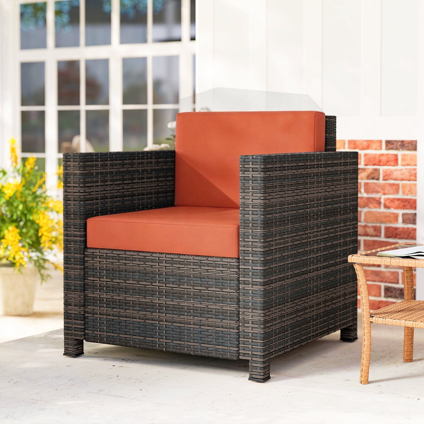 Outsunny PE Rattan Garden Armchair With Cushion In Mixed Brown And Orange Outdoor Patio Furniture